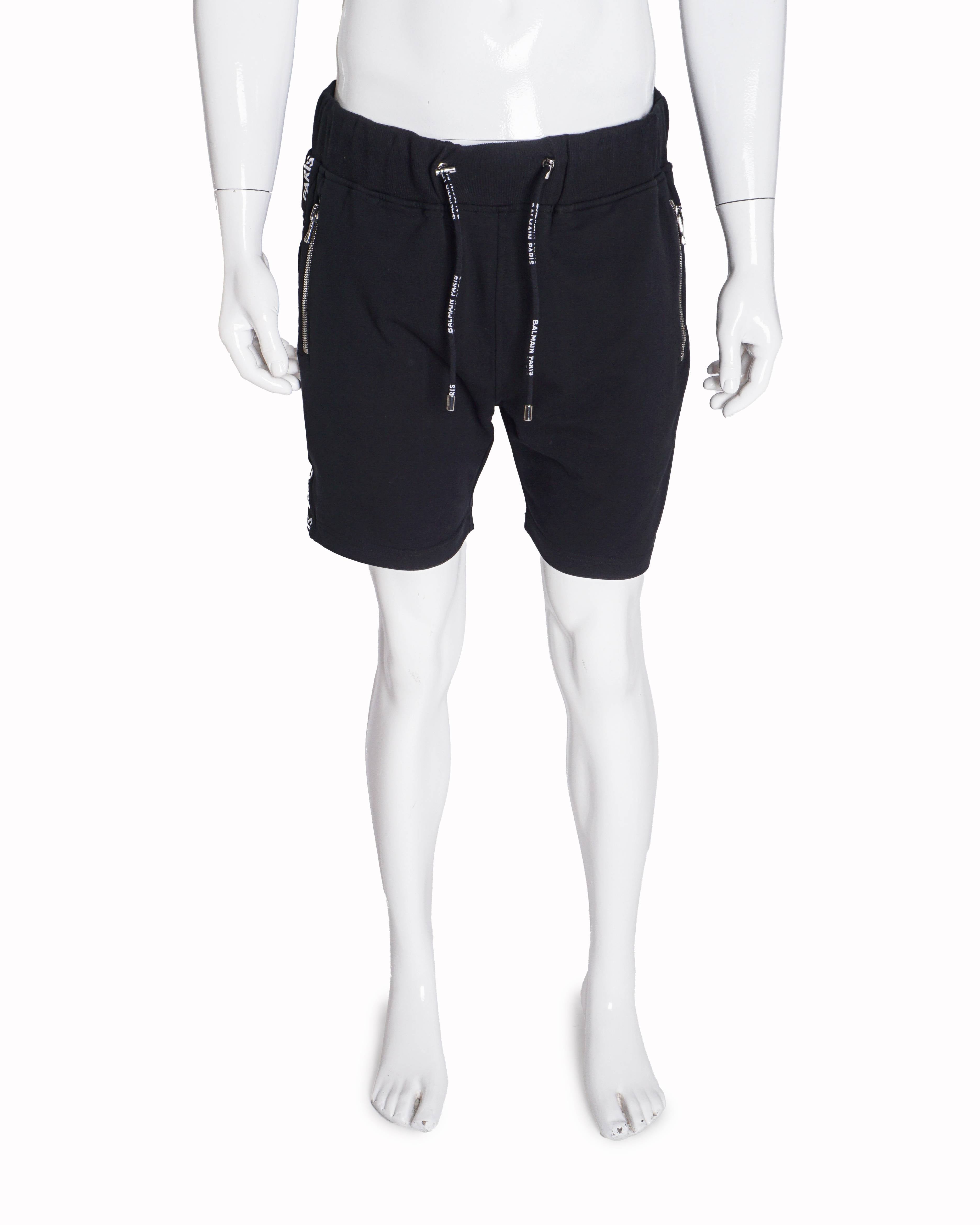 Balmain Men's Black Cotton Side Logo Tape Zipper Shorts