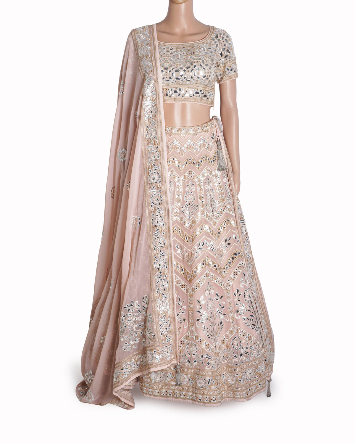 Asal By Abu Jani Sandeep Khosla Blush Pink Mirror Lehenga Set
