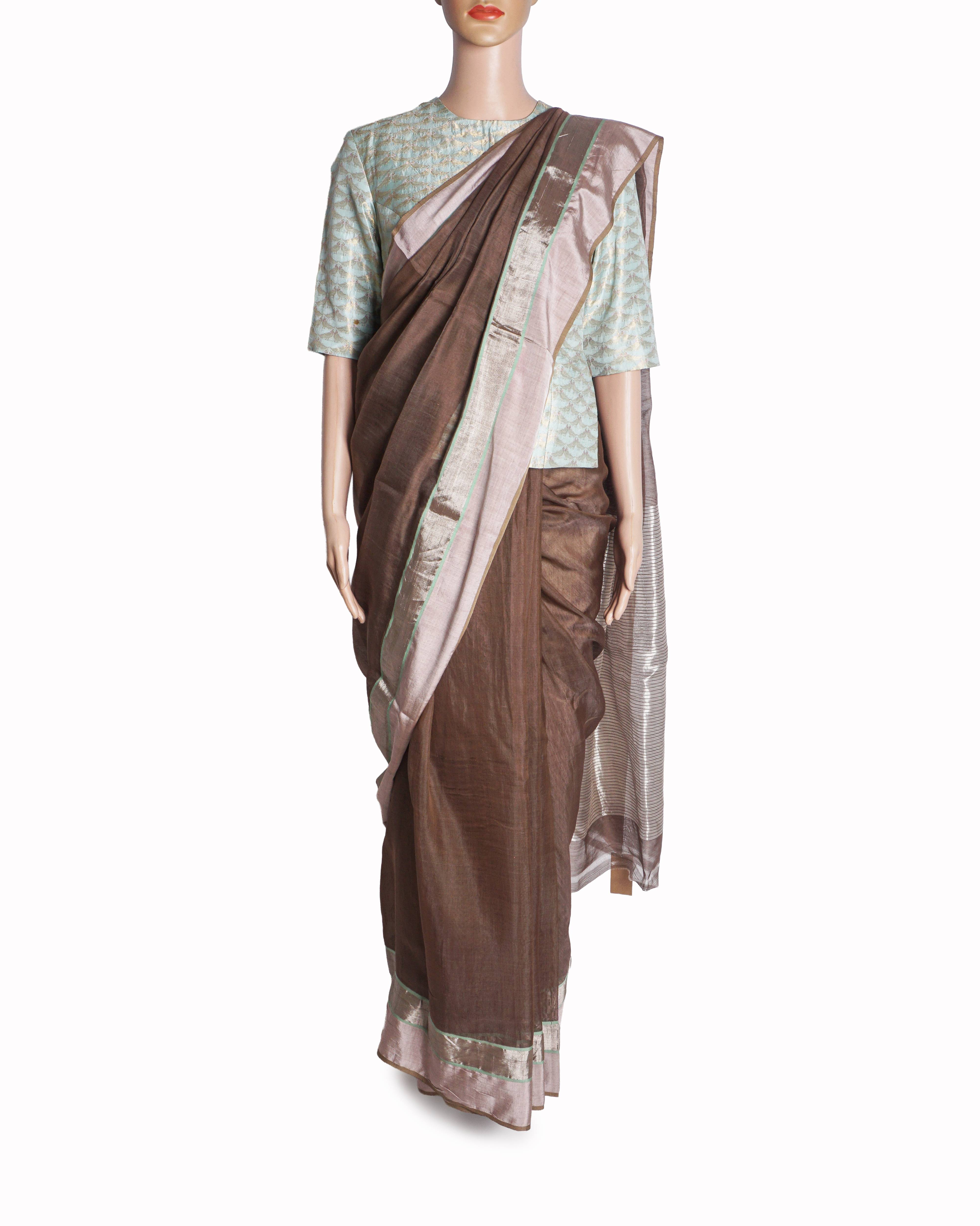 Raw Mango Brown Zari Saree & Blue Brocade Long Blouse Set