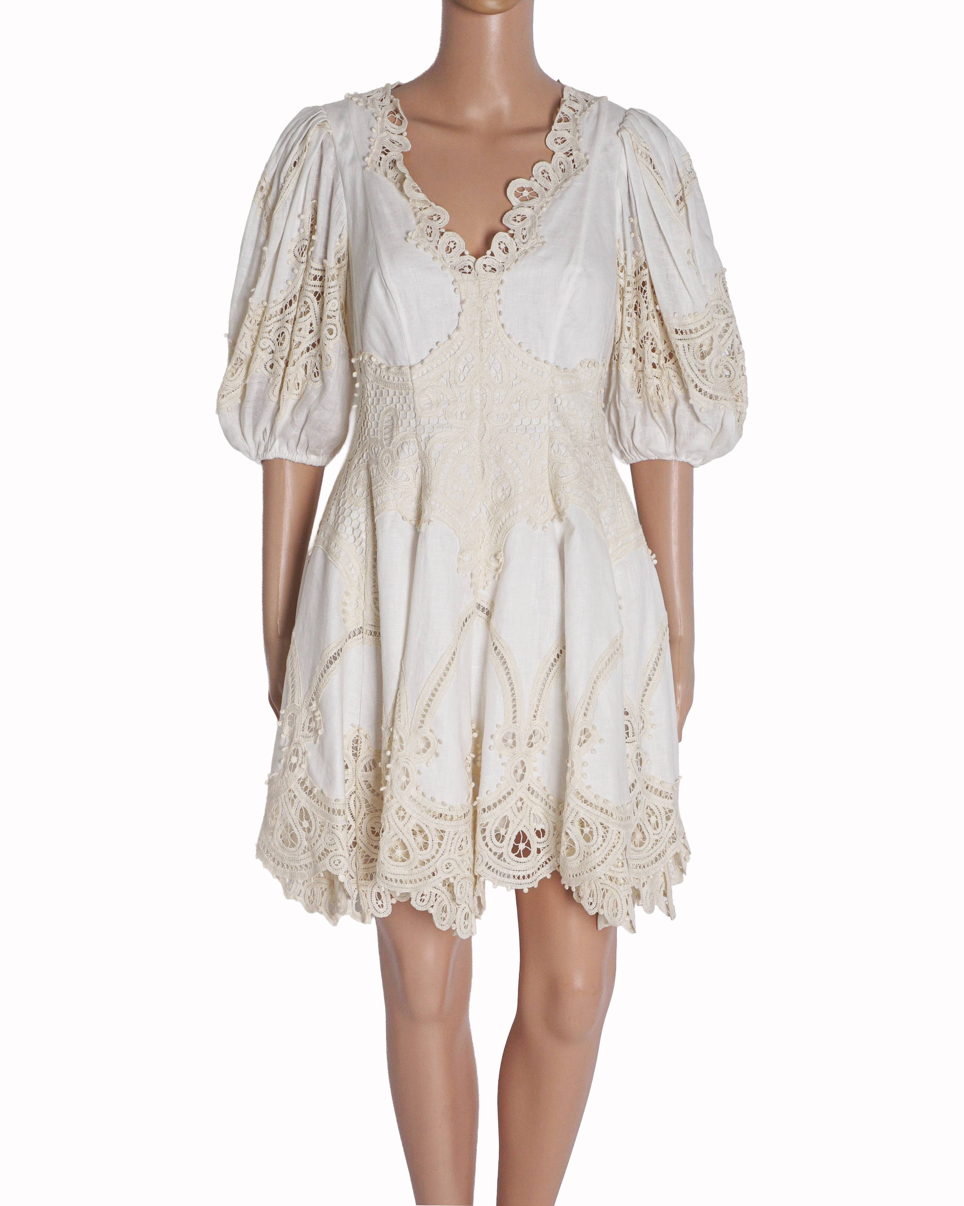 Zimmermann Ivory Crocheted Lace-Paneled Linen Mini Dress