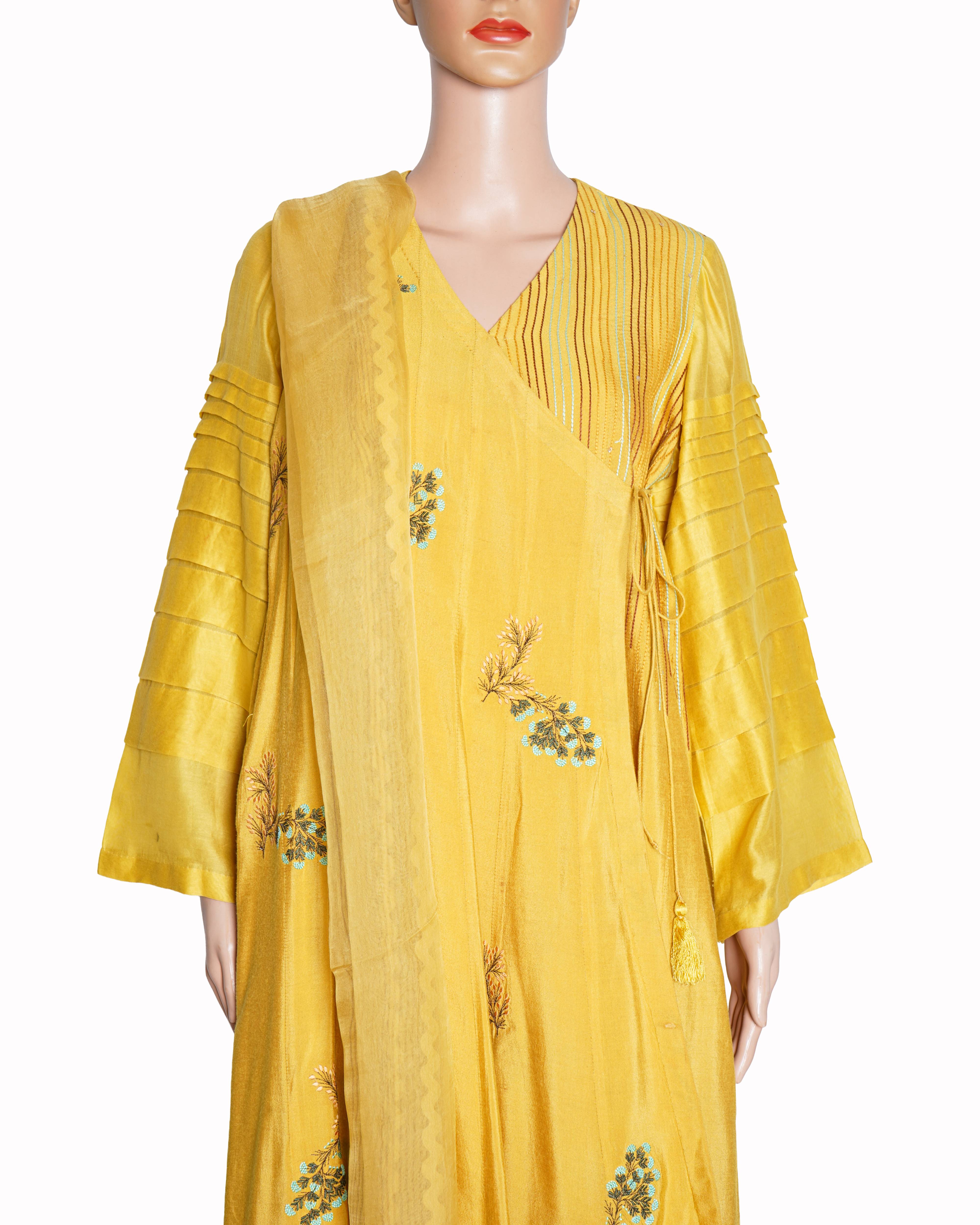 Devnaagri Mustard Yellow Wrap-Up Angrakha Style Dress Set