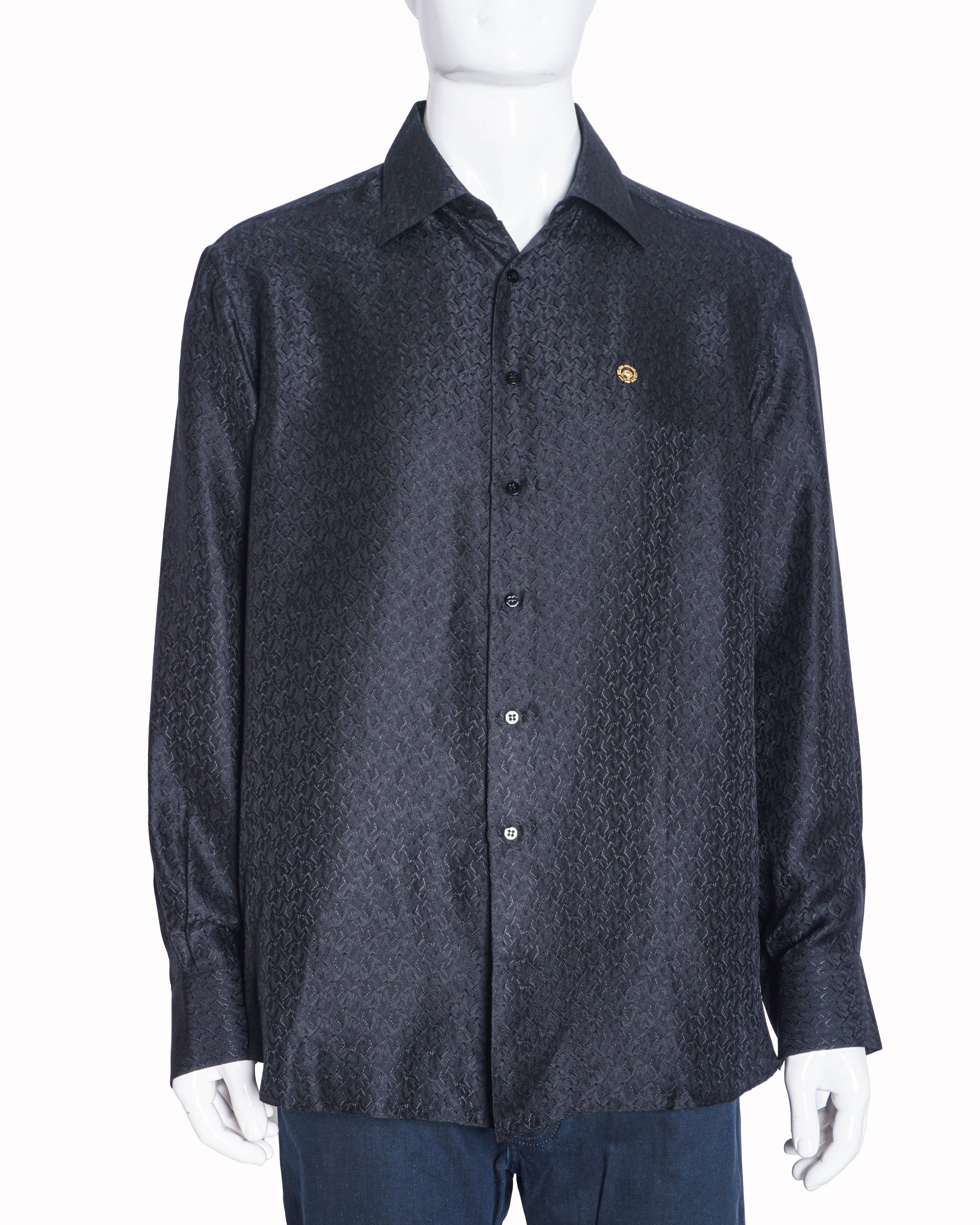 Stefano Ricci Men's Black Jacquard Paisley Gold-Tone Eagle Logo Dress Shirt