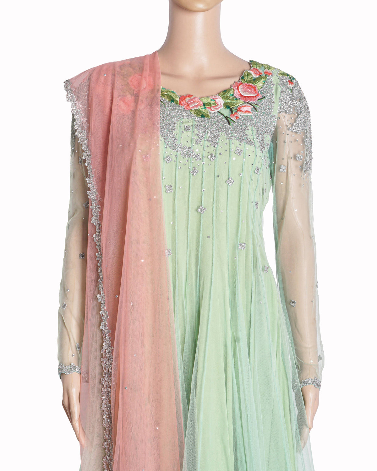 Shantanu Goenka Mint Green & Pink Floral Net Anarkali Set