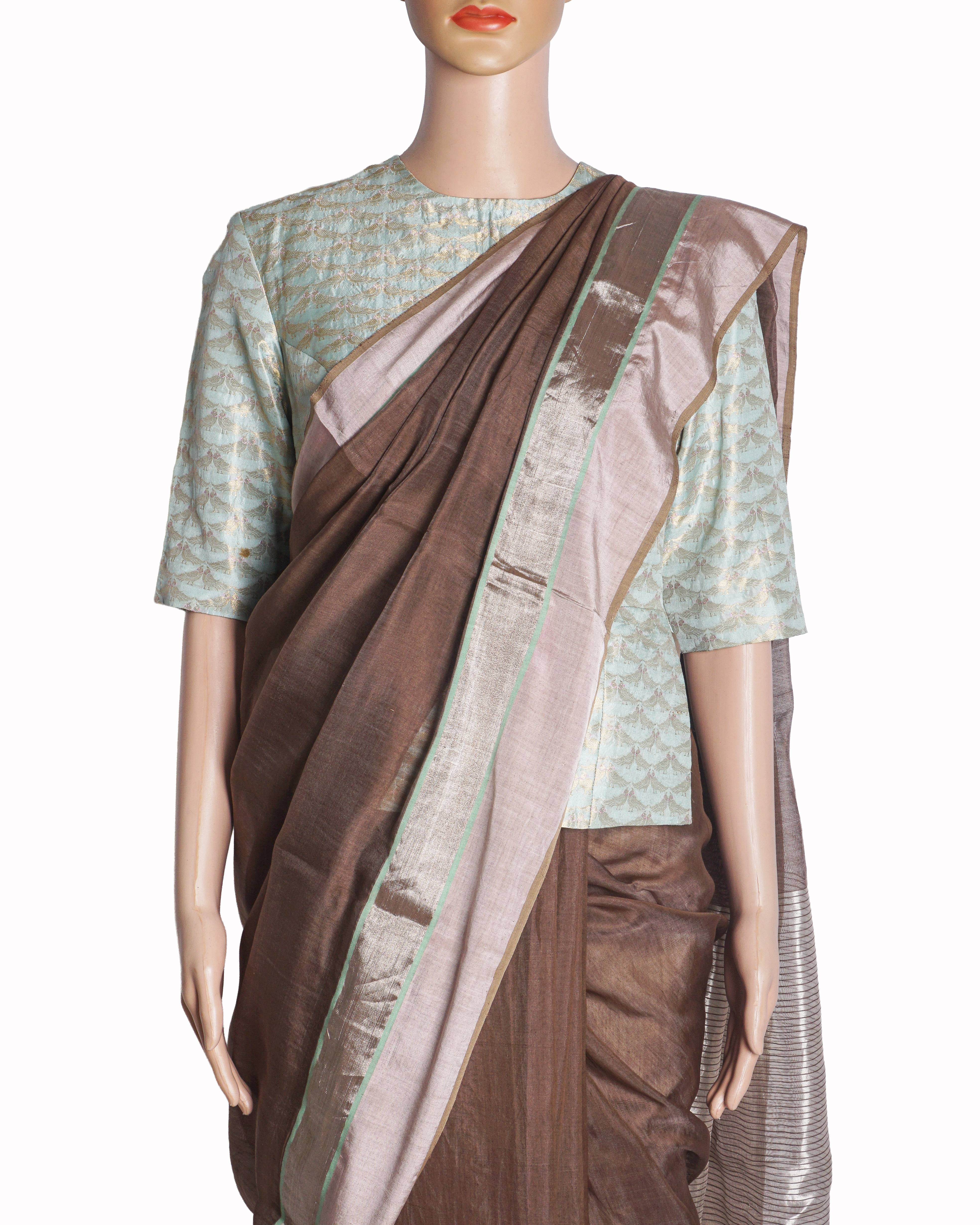 Raw Mango Brown Zari Saree & Blue Brocade Long Blouse Set