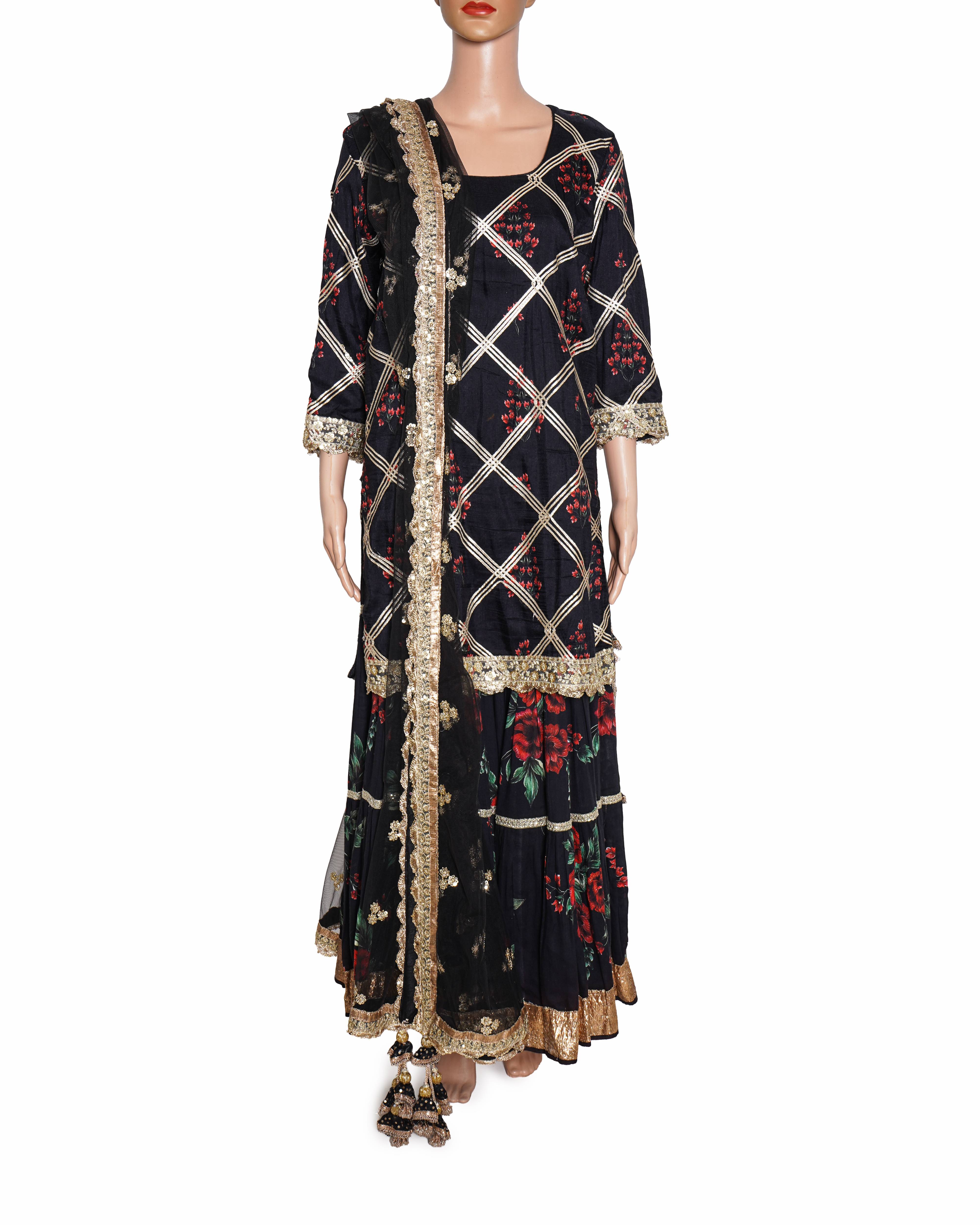 Vikram Phadnis Black Silk Kurta Sharara Set of 3