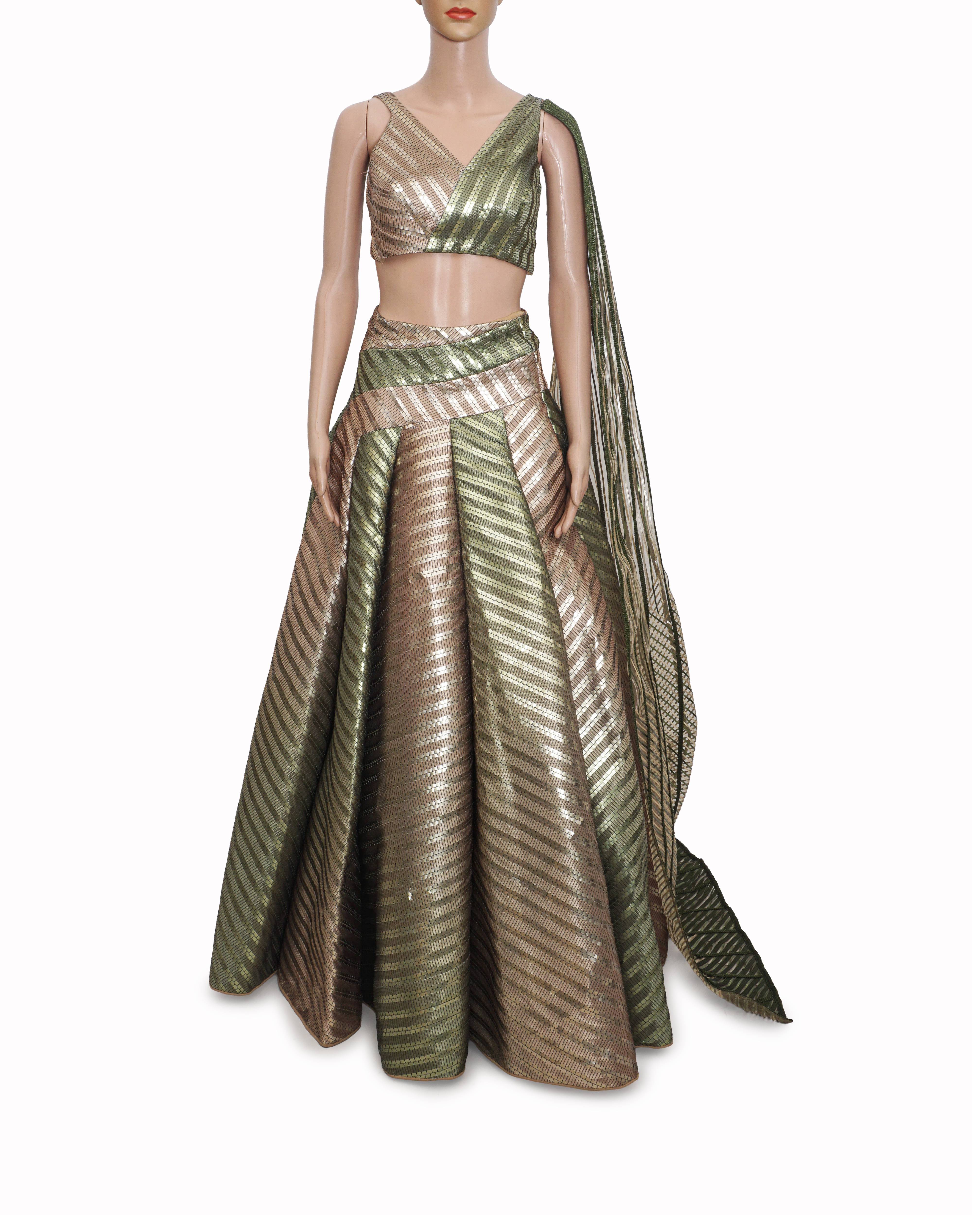 Amit Aggarwal Olive Green & Gold Metallic Mesh Lehenga