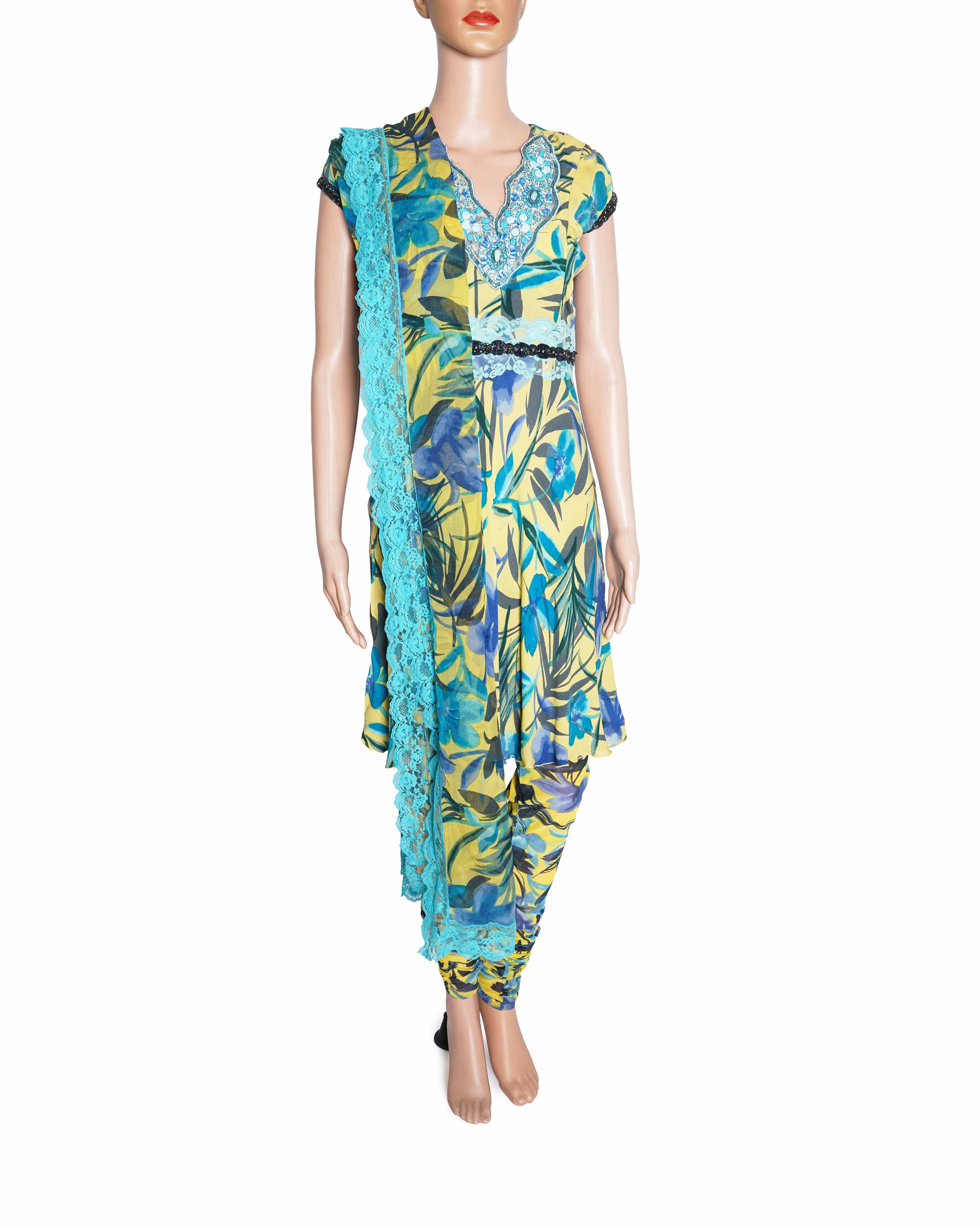 Suneet varma teal floral kurta with churidar