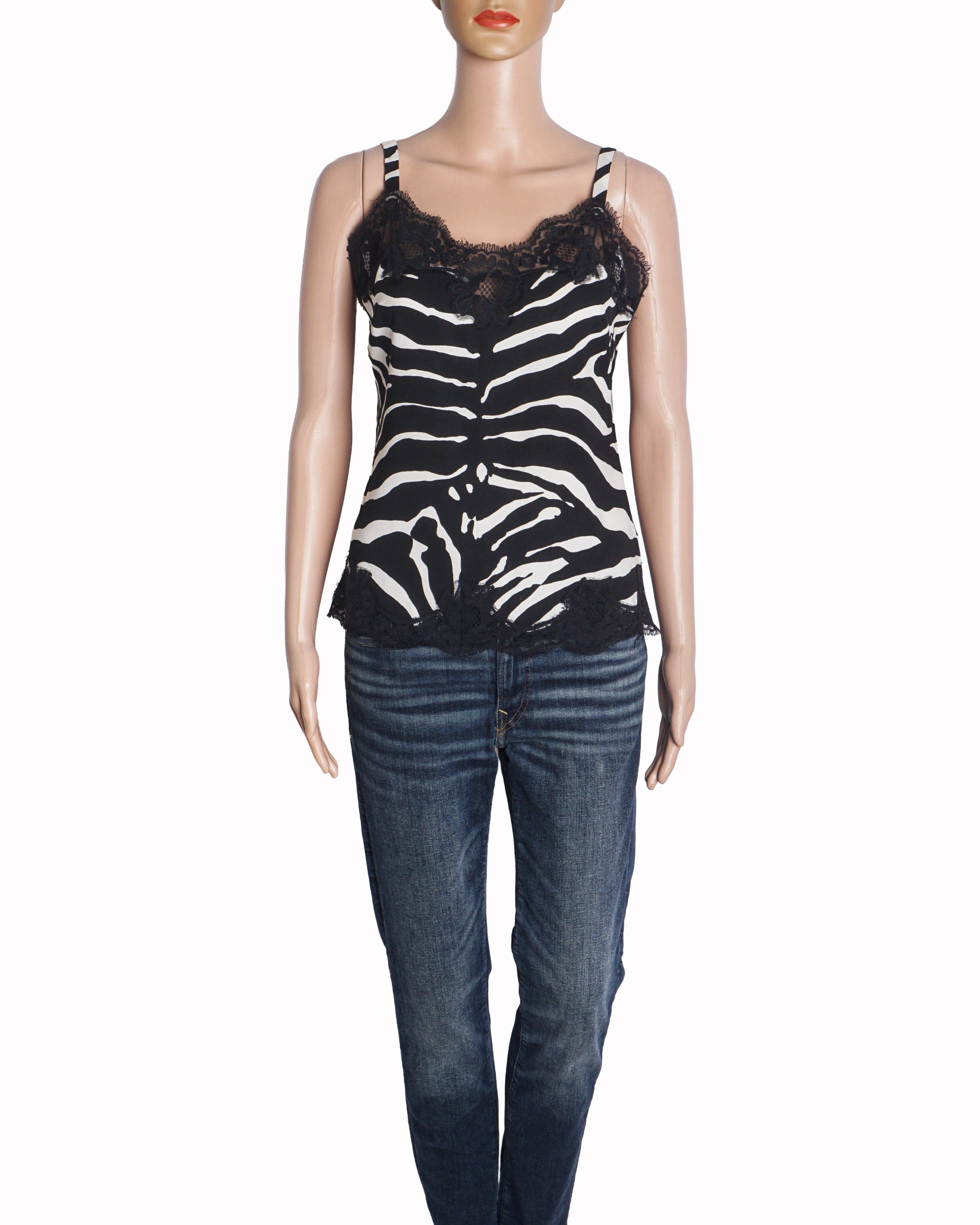 Dolce & Gabbana Zebra Print Lace Trim Silk Cami
