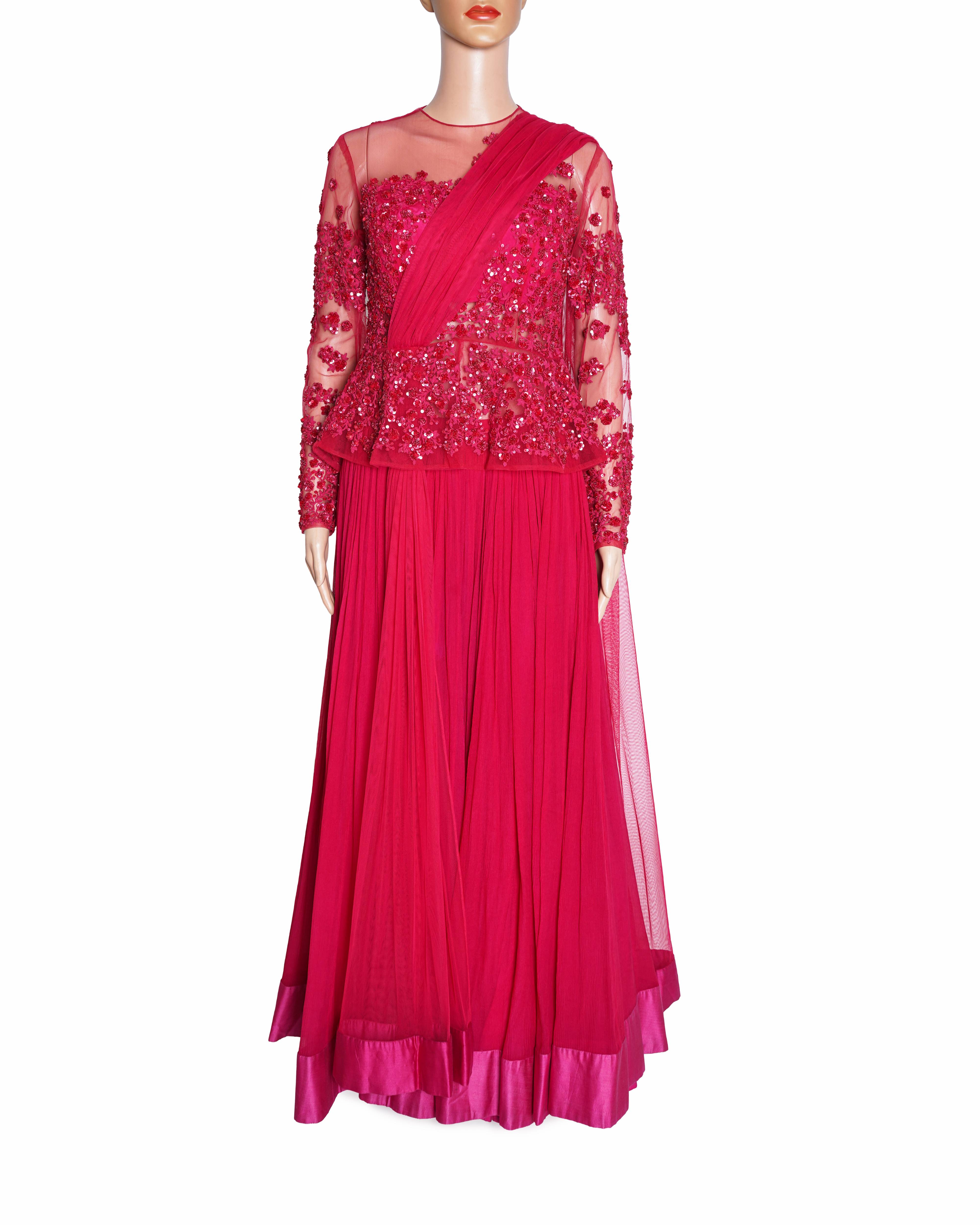 Ridhi Mehra Fuchsia Pink Embroidered Peplum Top & Pleated Skirt Set