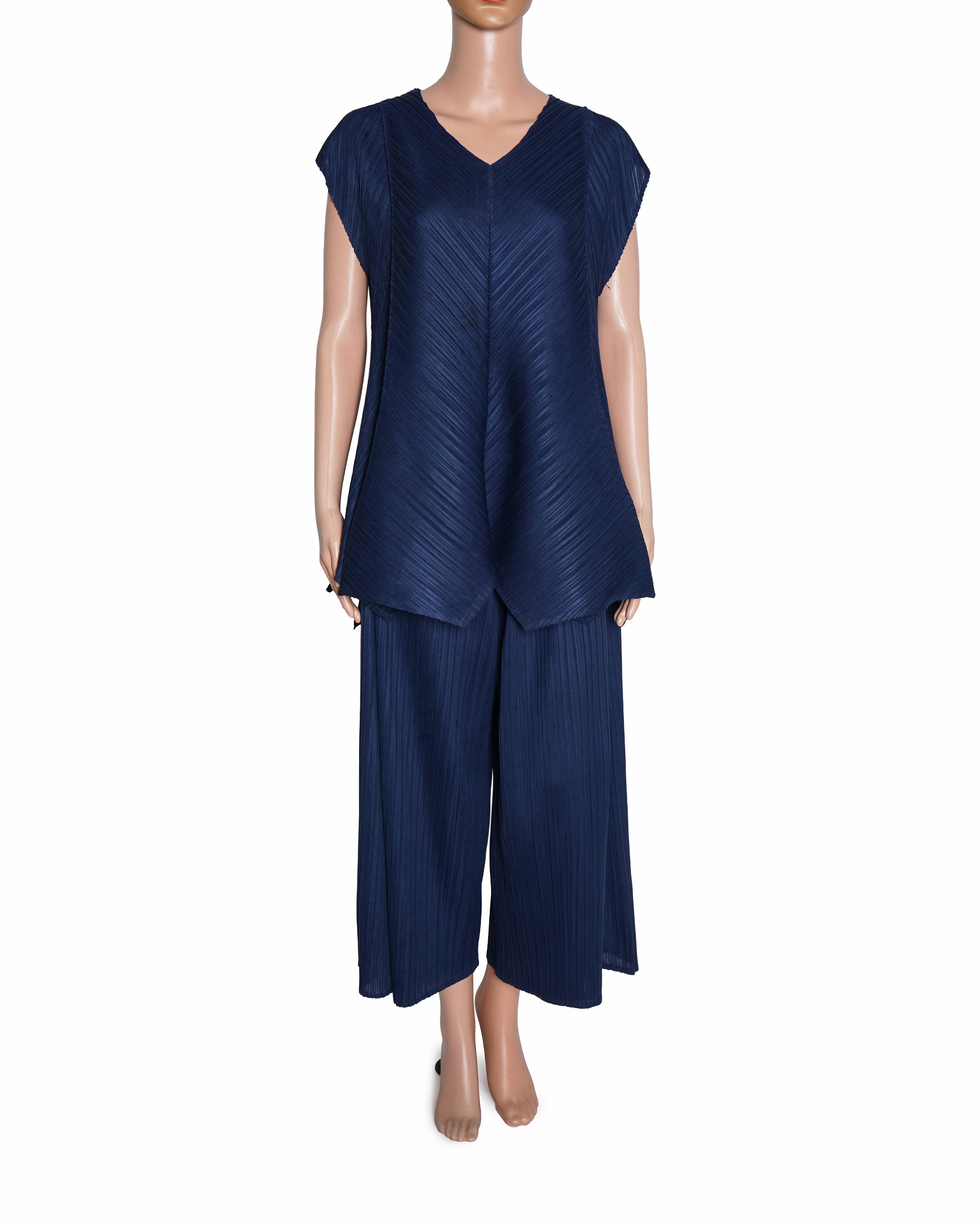 Scarlet Sage Polyester Navy Pleated Tunic Top & Wide-Leg Co-ord Set