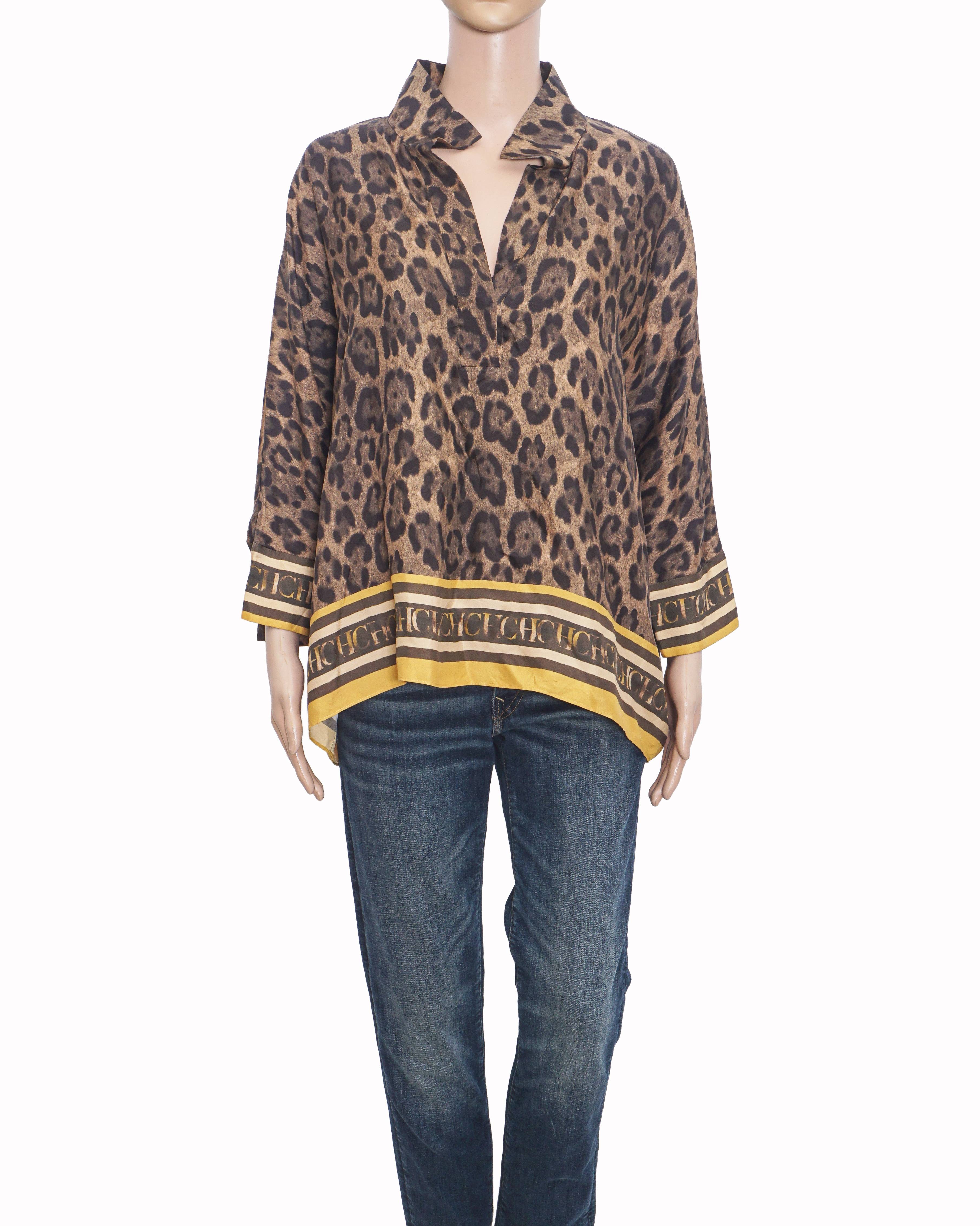 Carolina Herrera Leopard Print CH Monogram Border Silk Blouse