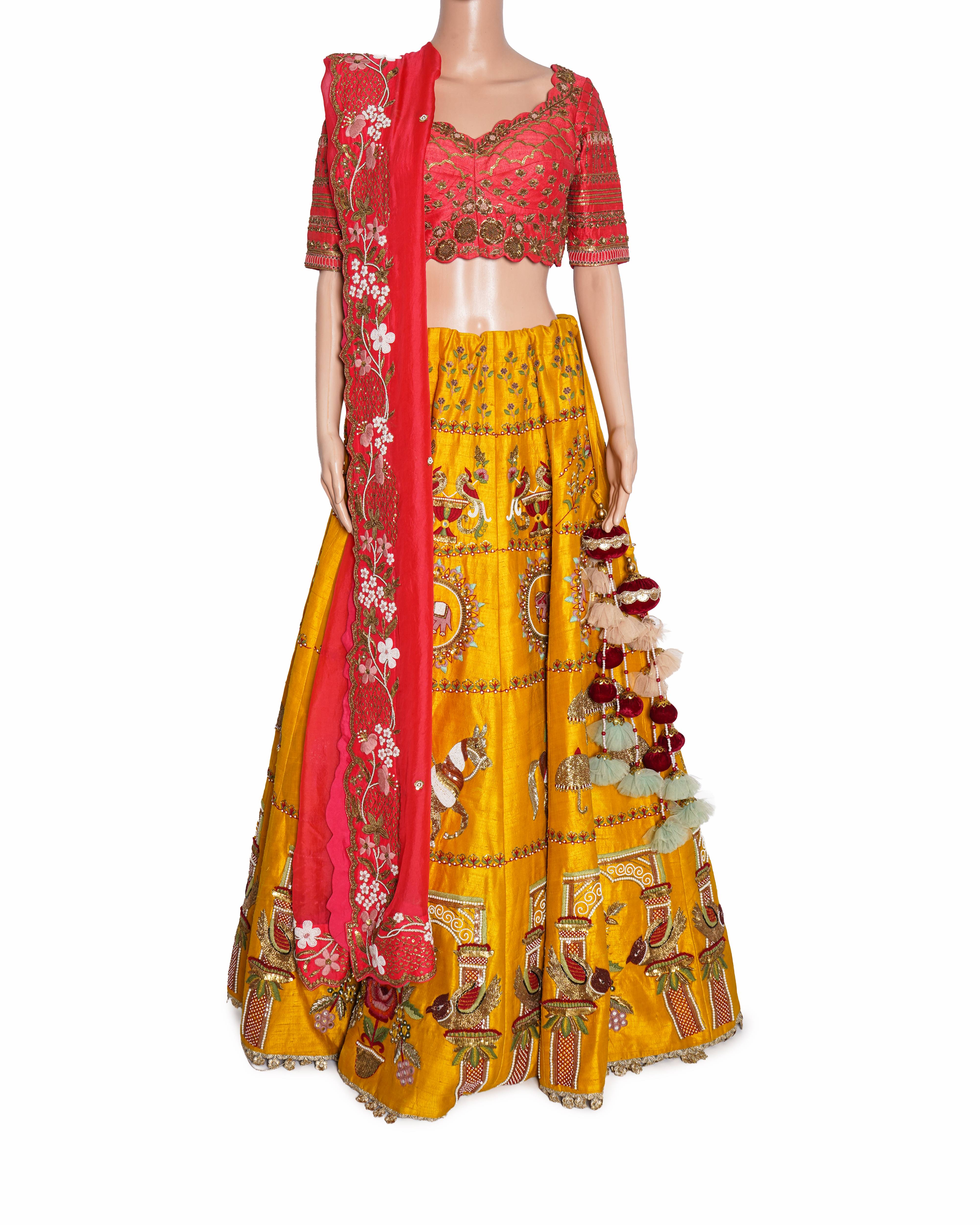 Ghazal Gupta Yellow & Pink Embroidered Silk Lehenga Set
