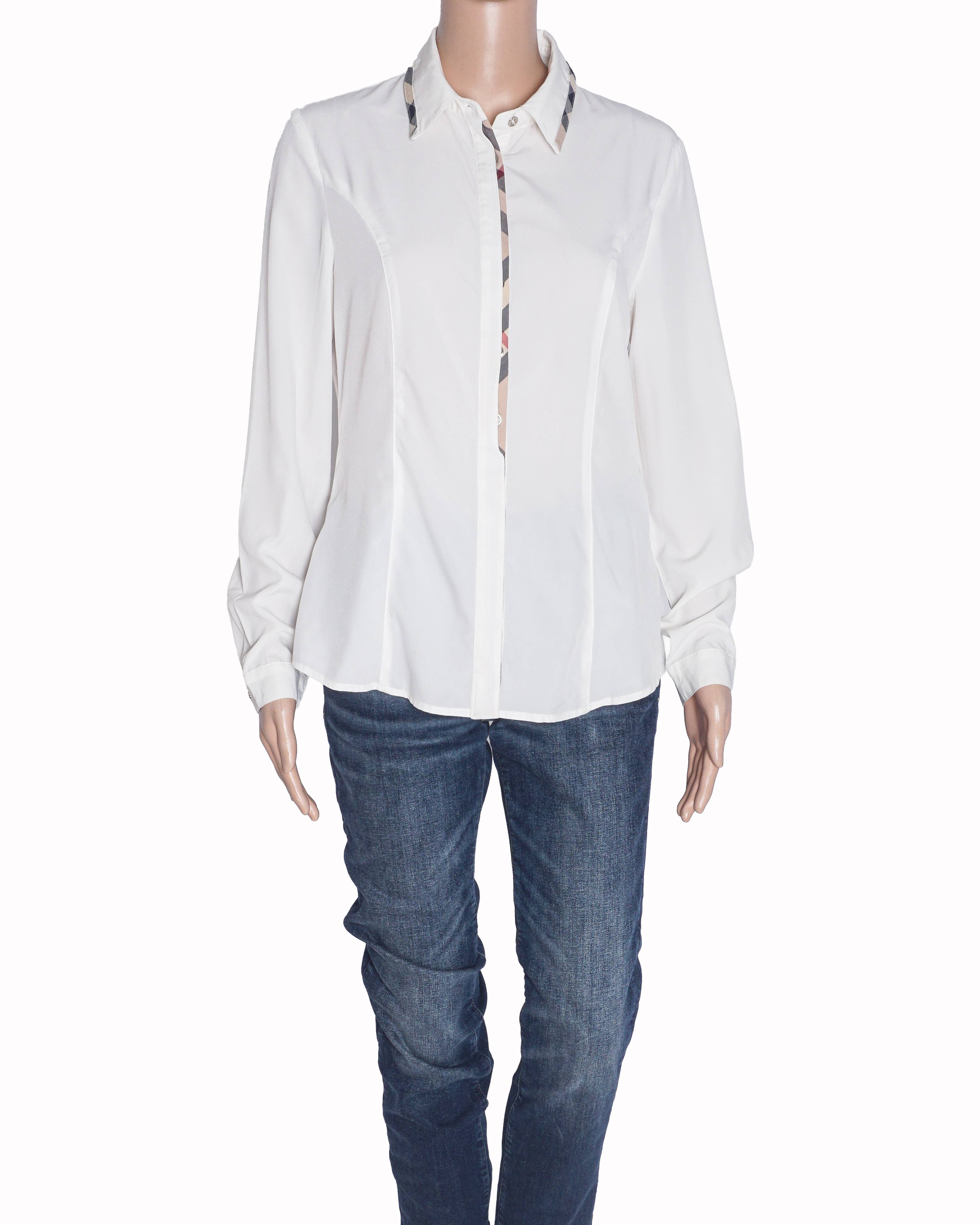 Burberry White Vintage Check Plaid Trim Shirt