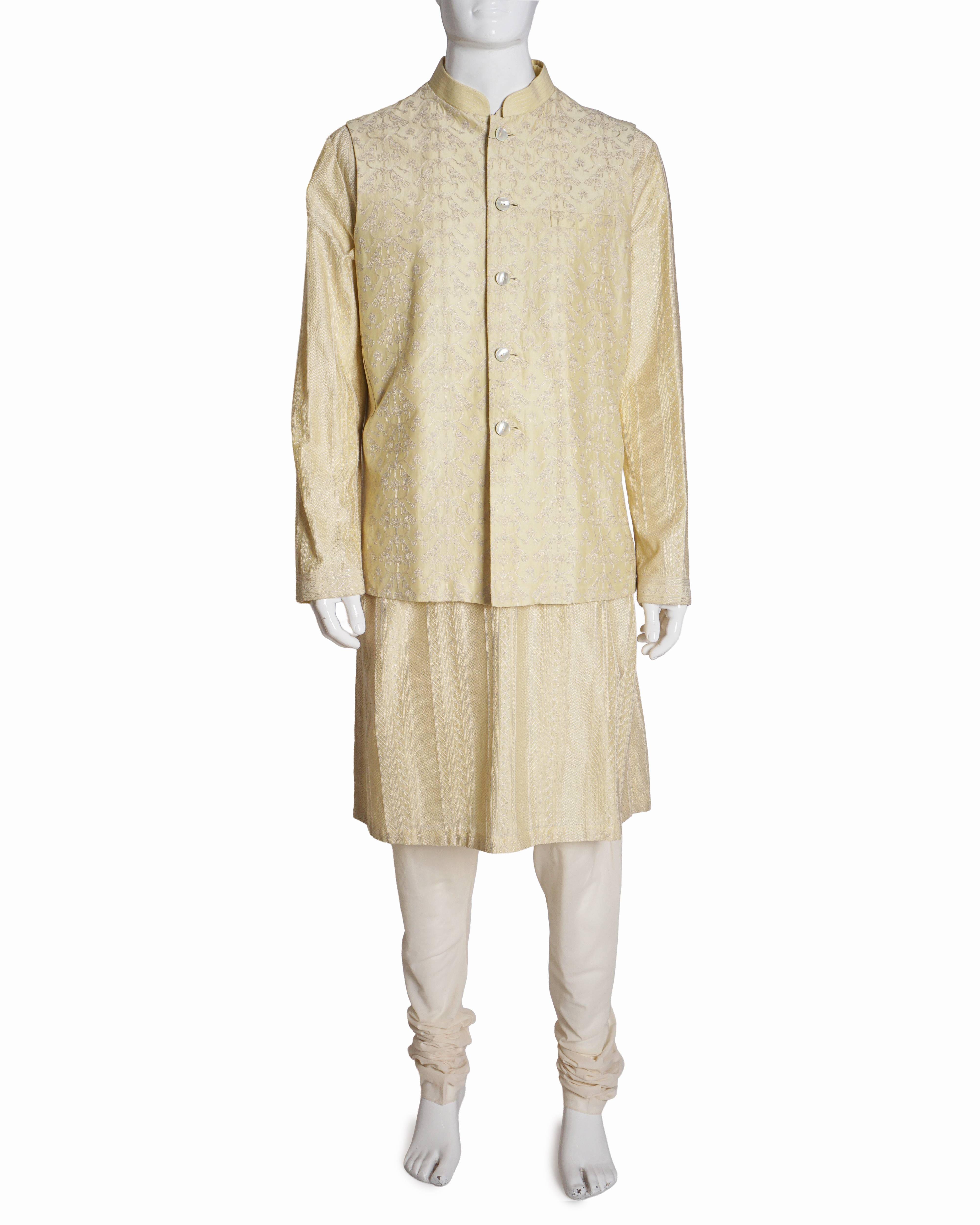 Rohit Bal Pastel Yellow Embroidered Kurta Set with Bundi Jacket