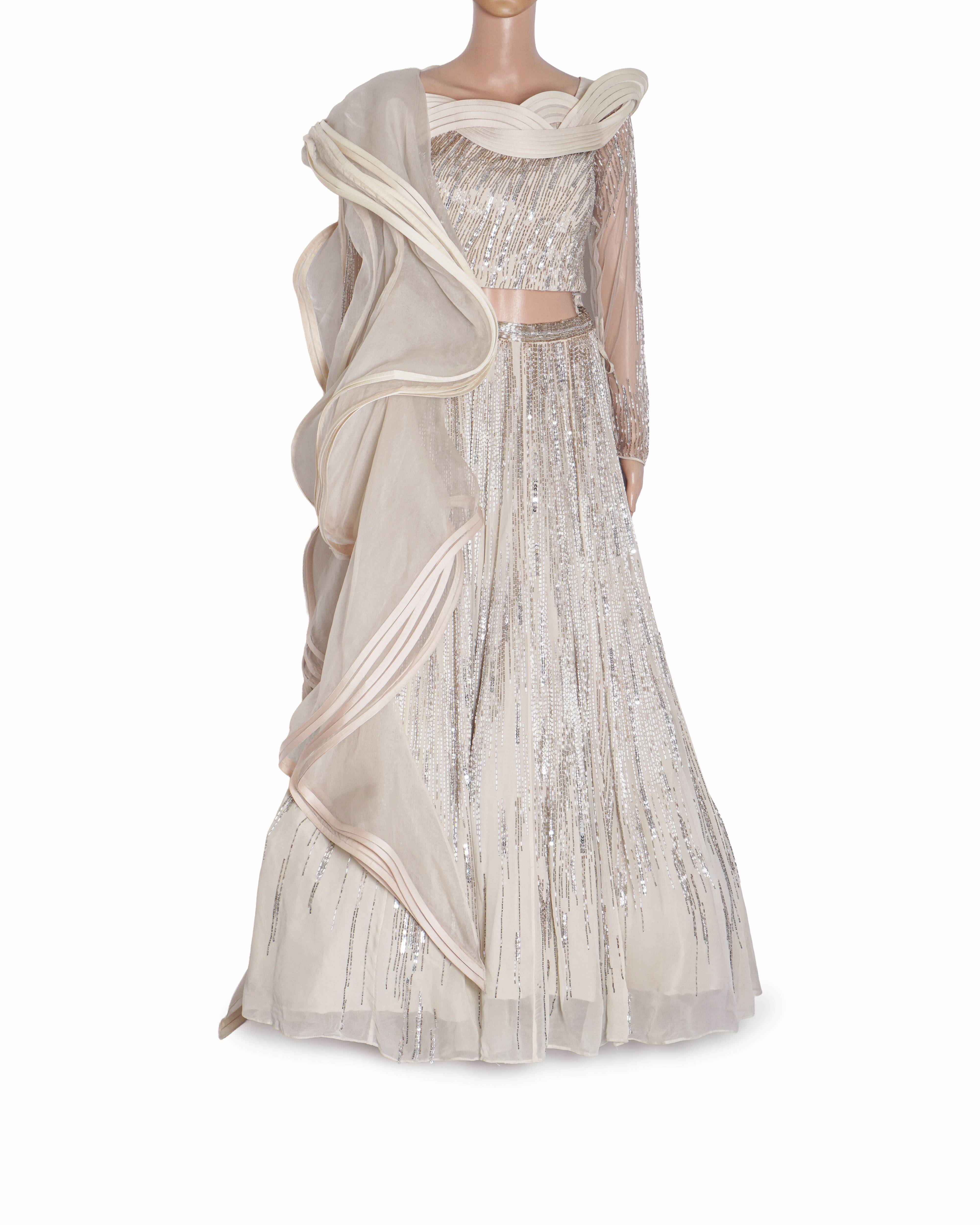 Gaurav Gupta Silver & Ivory Sculptural Lehenga Set