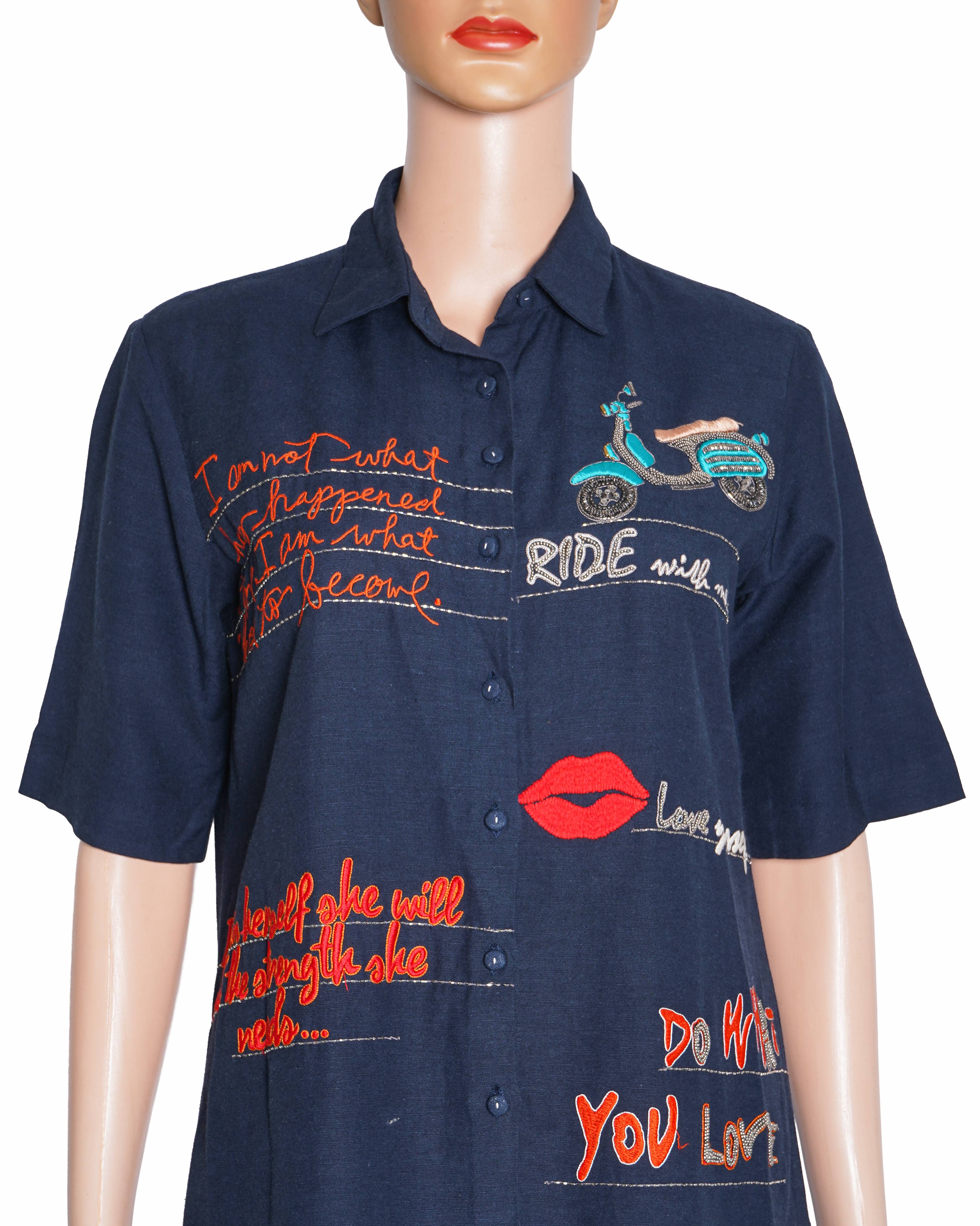 Shahin Mannan "Dear Diary" Embroidered Shirt In Navy Blue