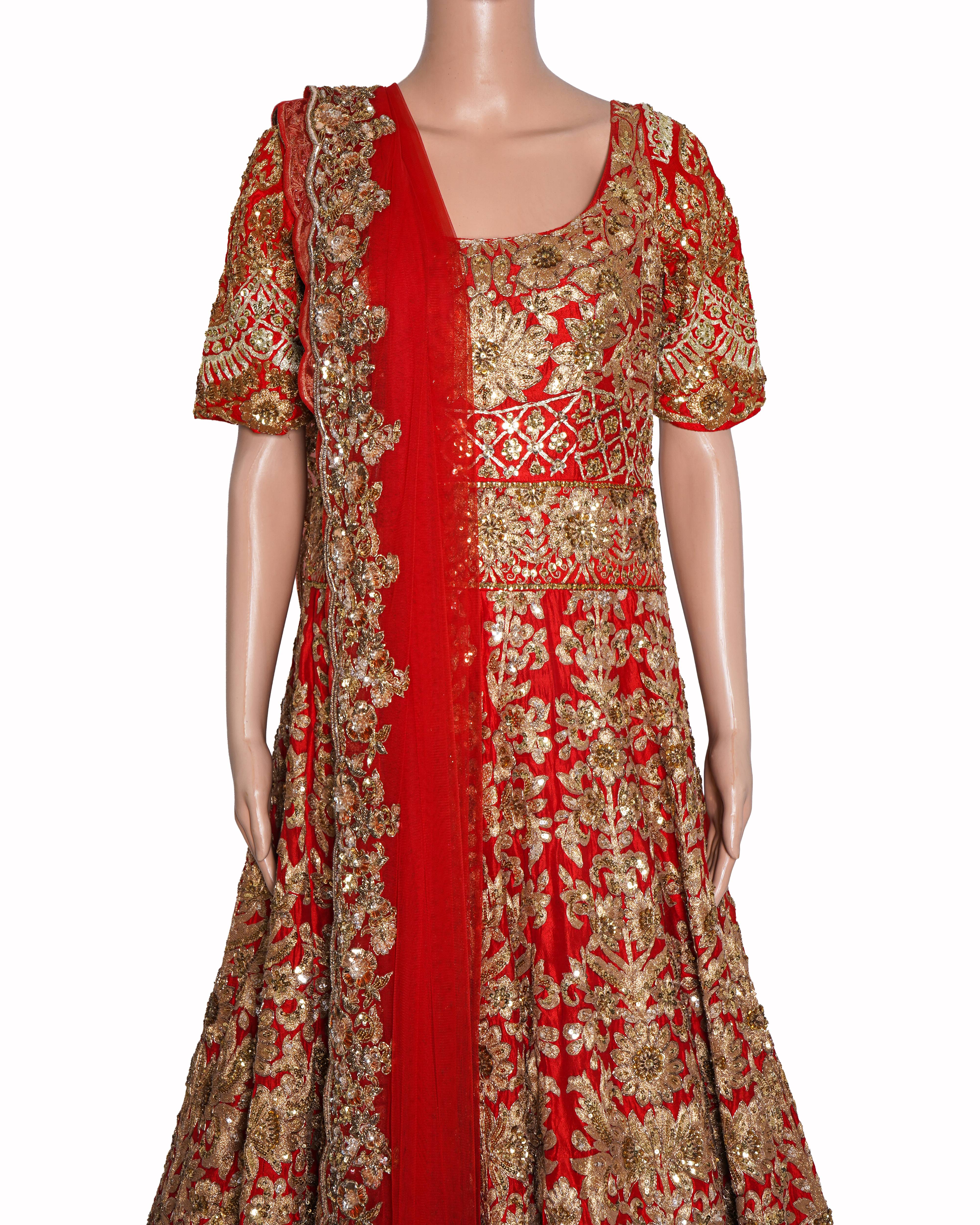Manish Malhotra Red Heavily Embroidered Gown With Bottoms
