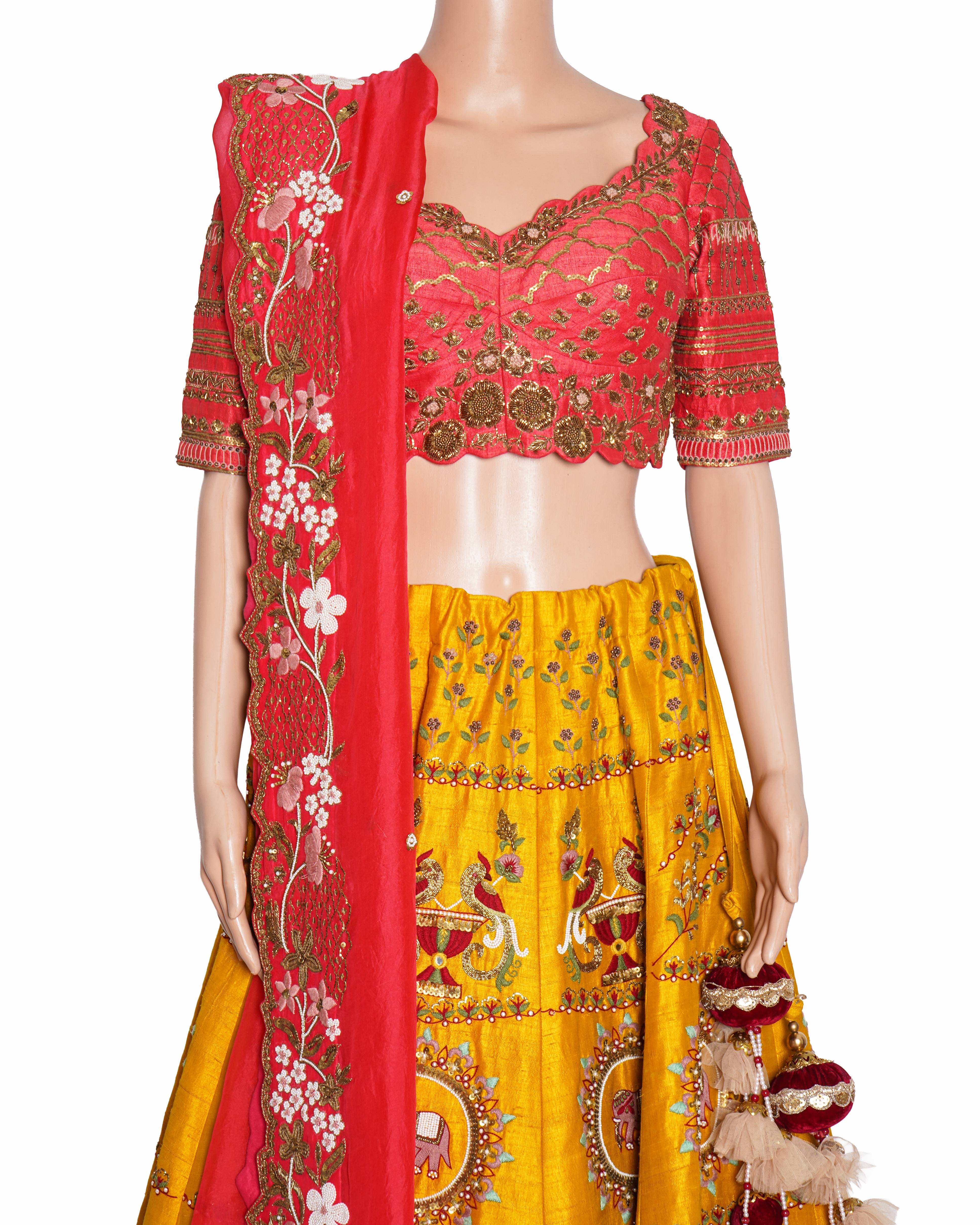 Ghazal Gupta Yellow & Pink Embroidered Silk Lehenga Set