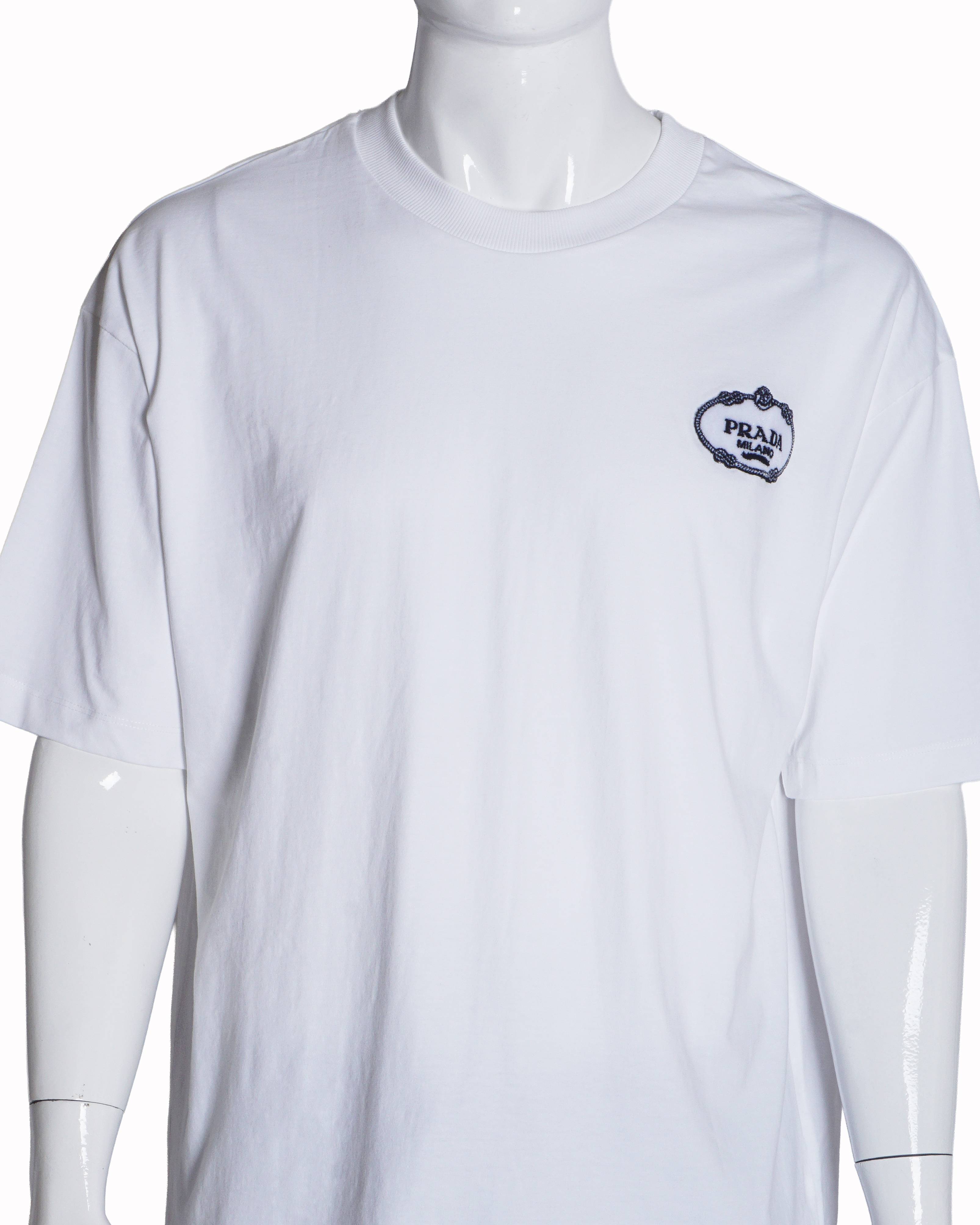 Prada White Cotton Milano Crest Embroidered T-Shirt