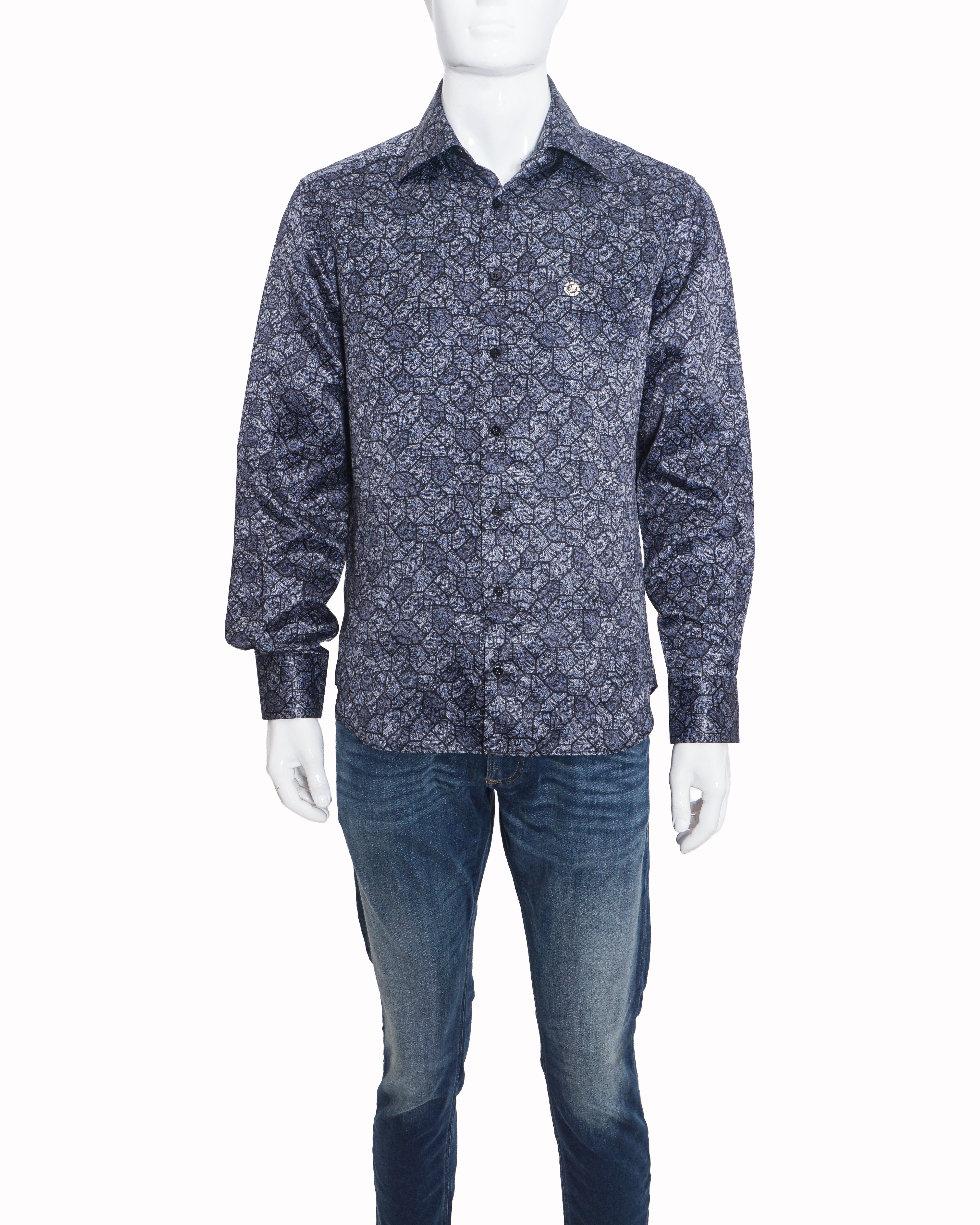 Stefano Ricci Men's Blue & Silver Printed Paisley Silk Shirt