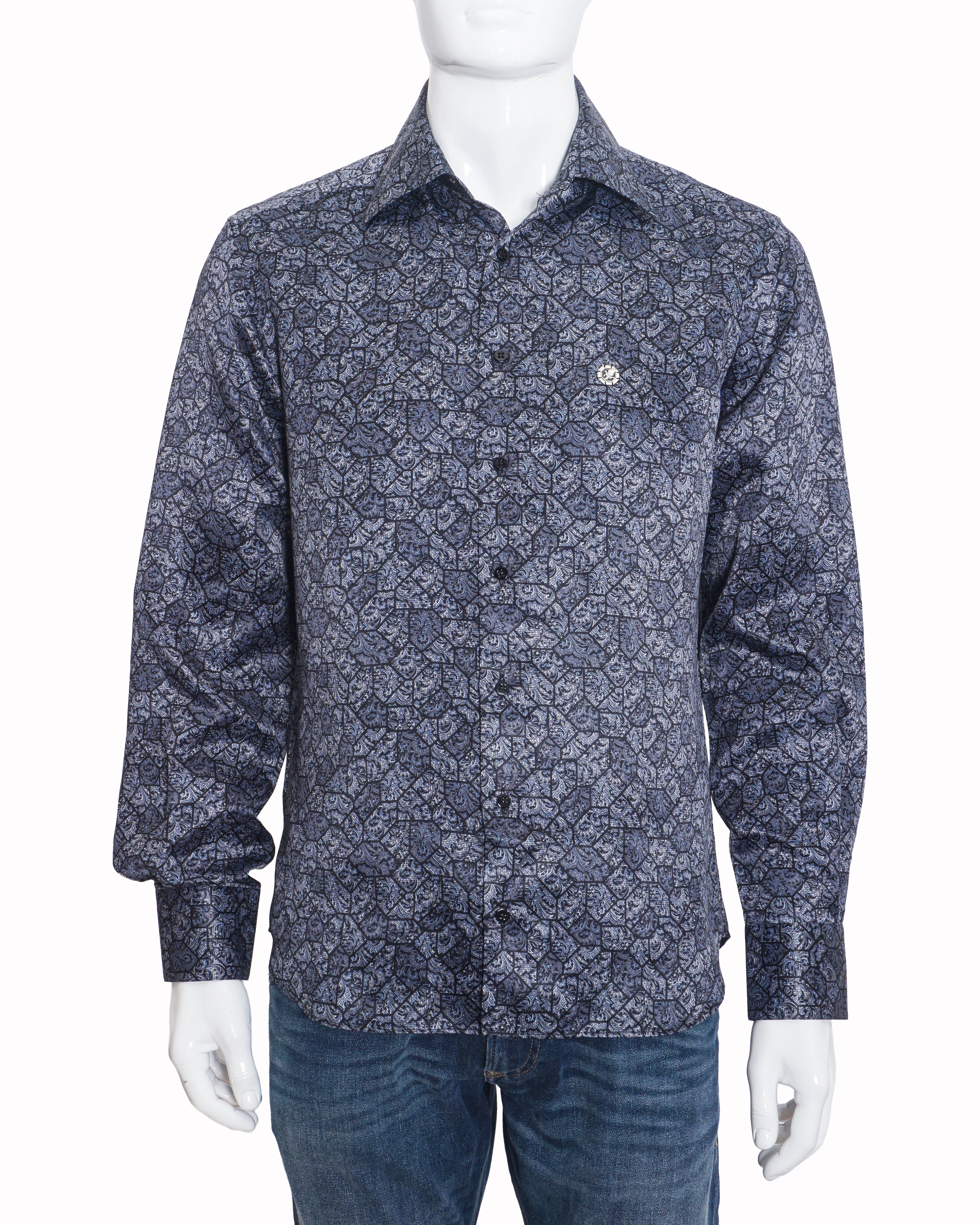 Stefano Ricci Men's Blue & Silver Printed Paisley Silk Shirt