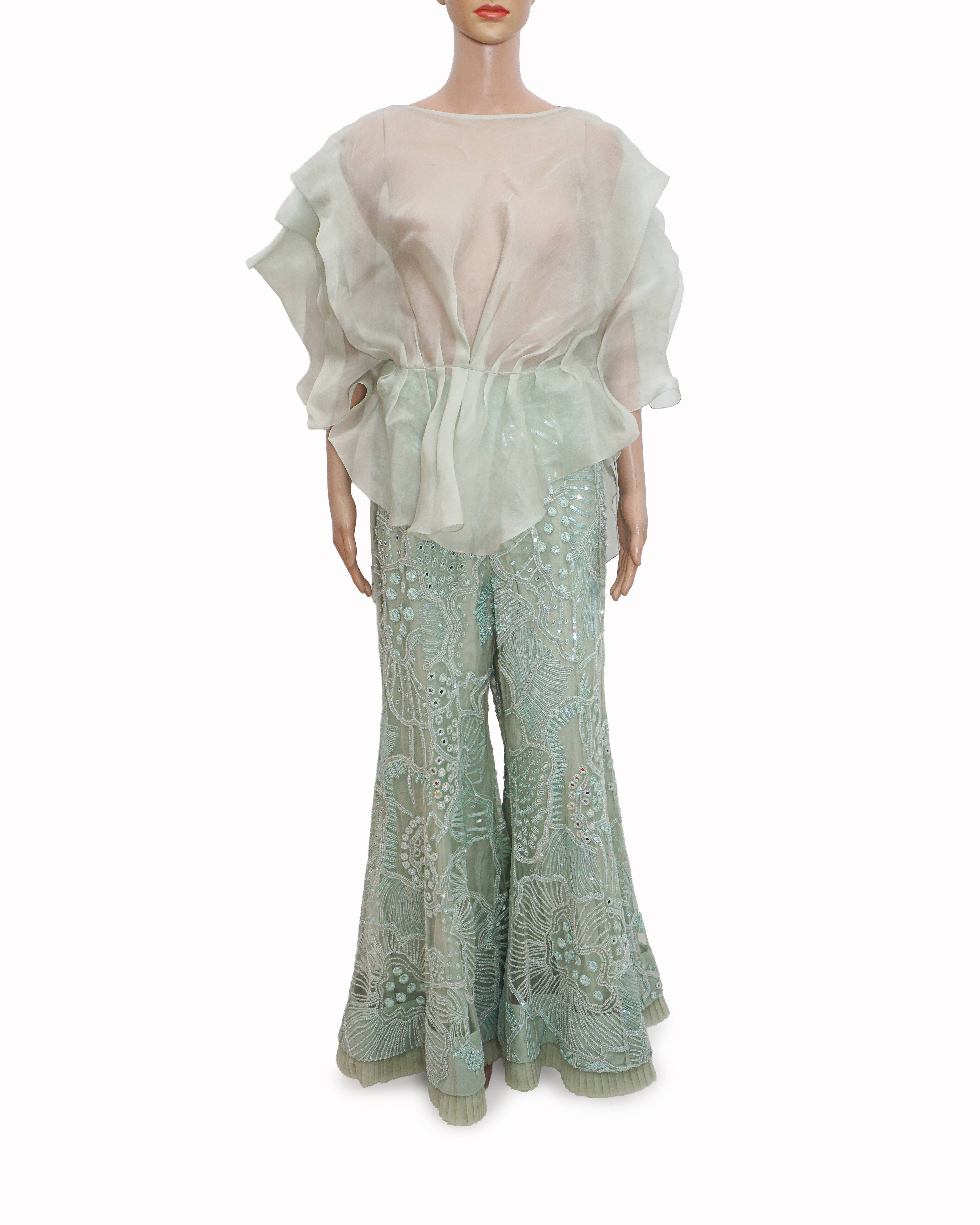 Mishru Mint Green Organza Tunic & Embroidered Flared Pant Set