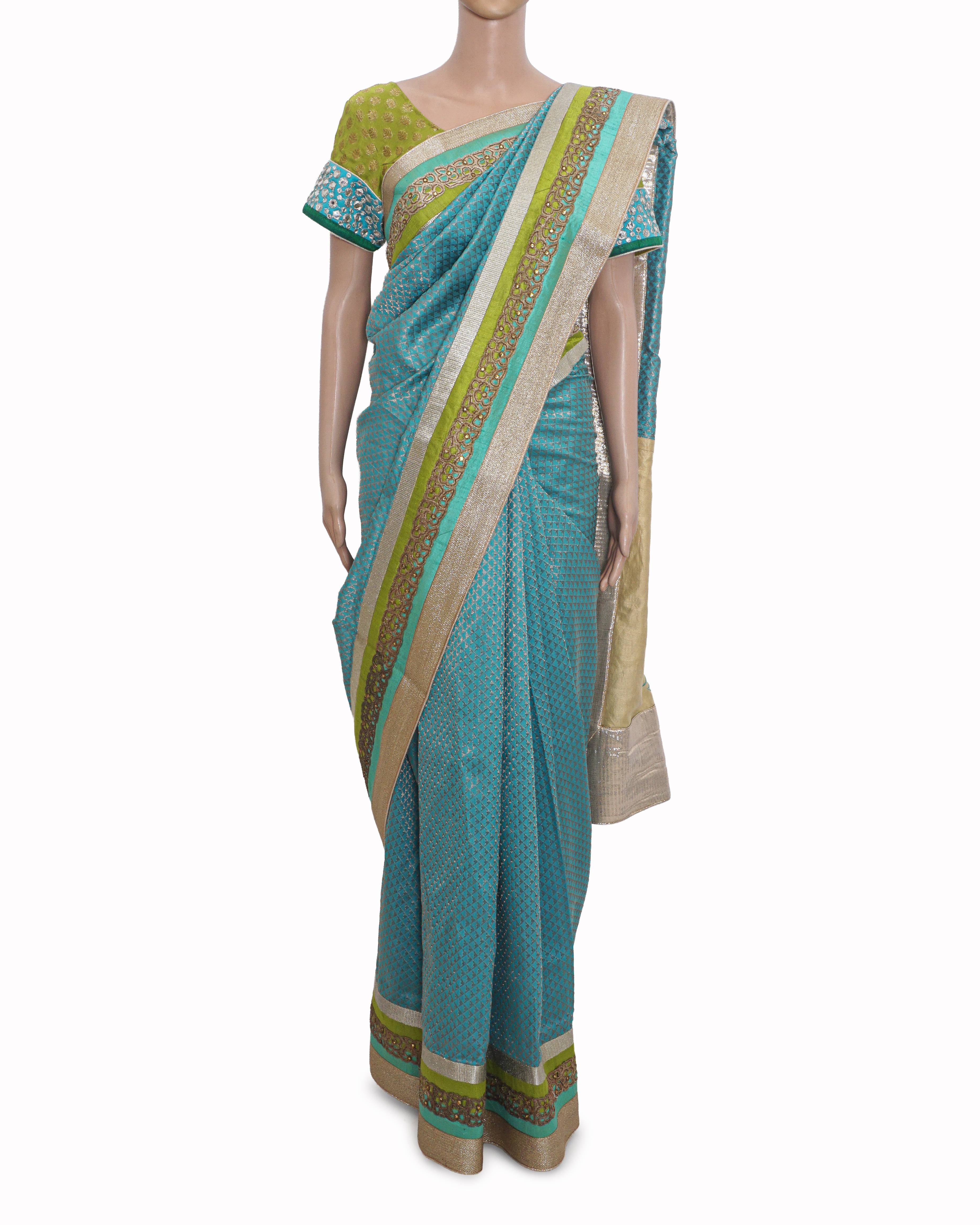 Jesal Vora Lime Green & Teal Banarasi Silk Saree