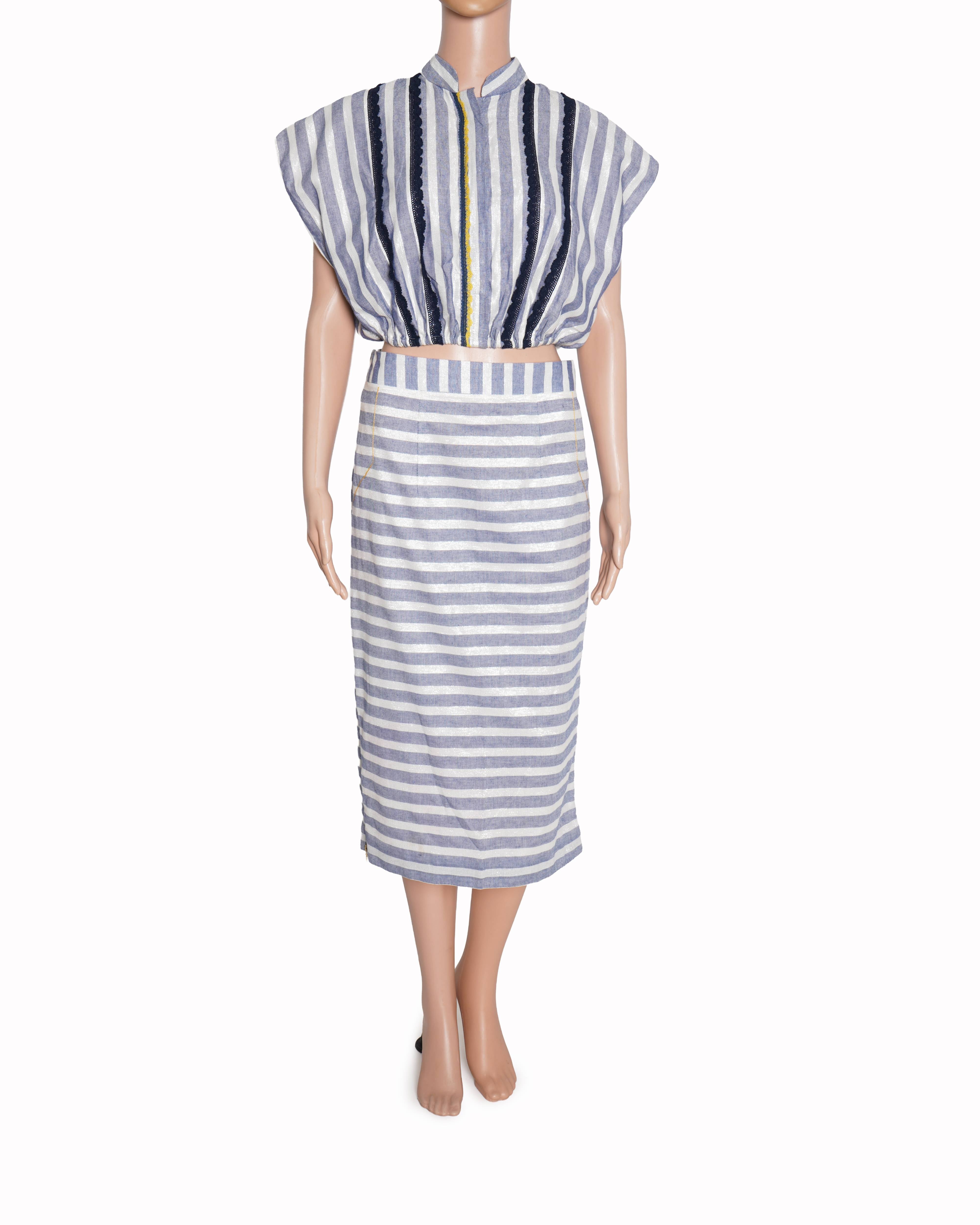 Divya Jain Striped Sailor Skirt Set With Lace Insert Top