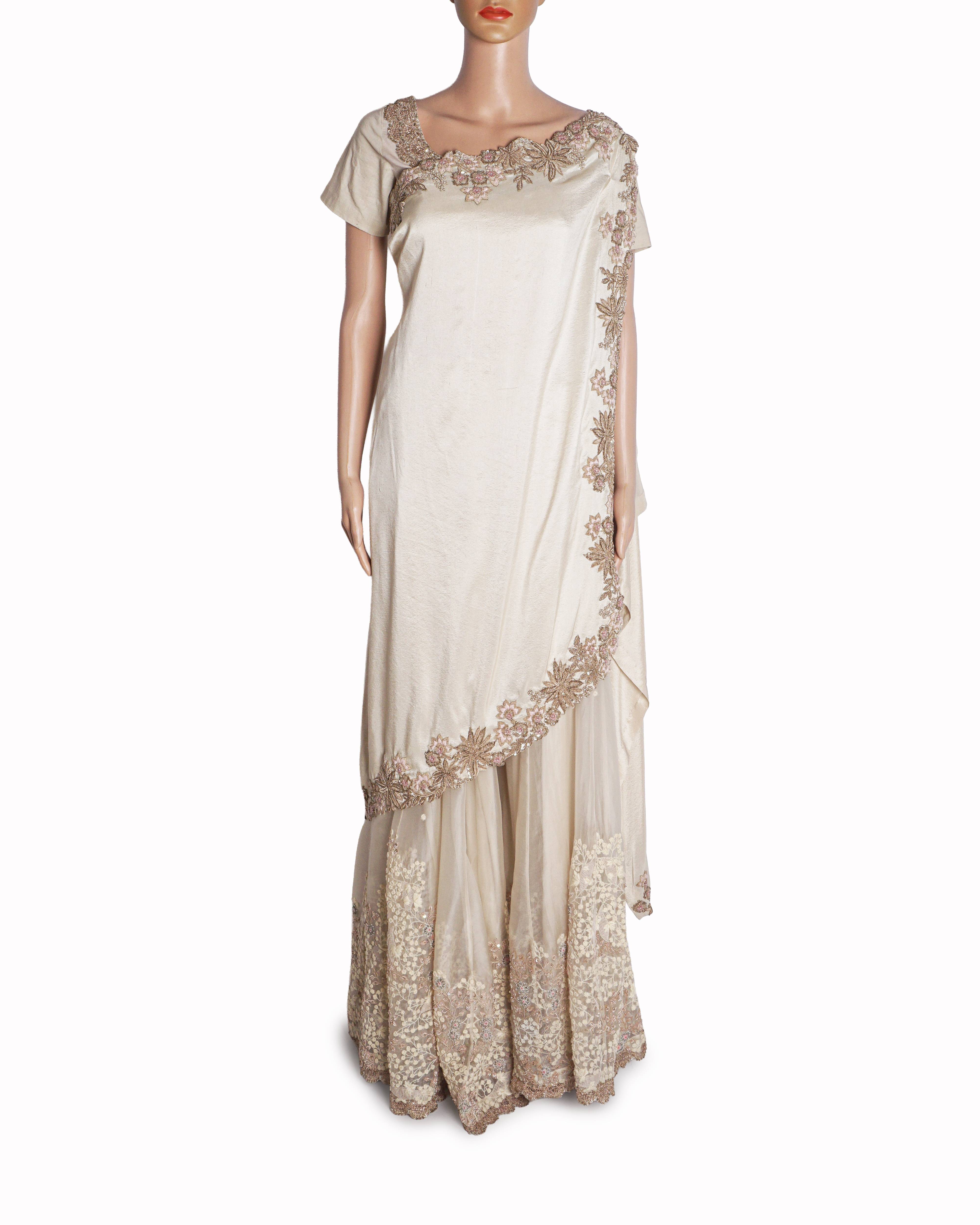 Anamika Khanna Beige Embroidered Choli & Flared Pants Set