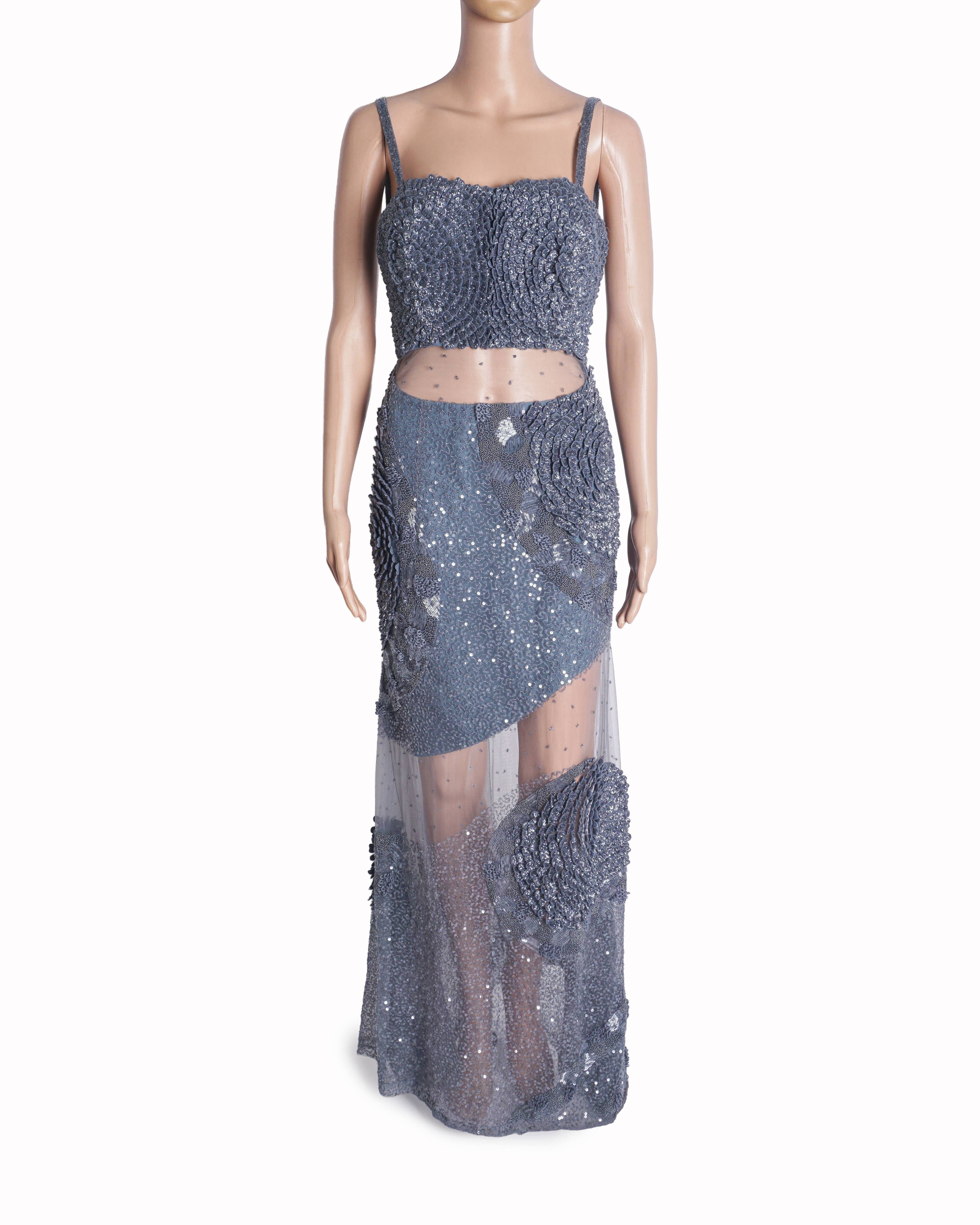 Maison 9002 Light Grey Textured Floral Gown
