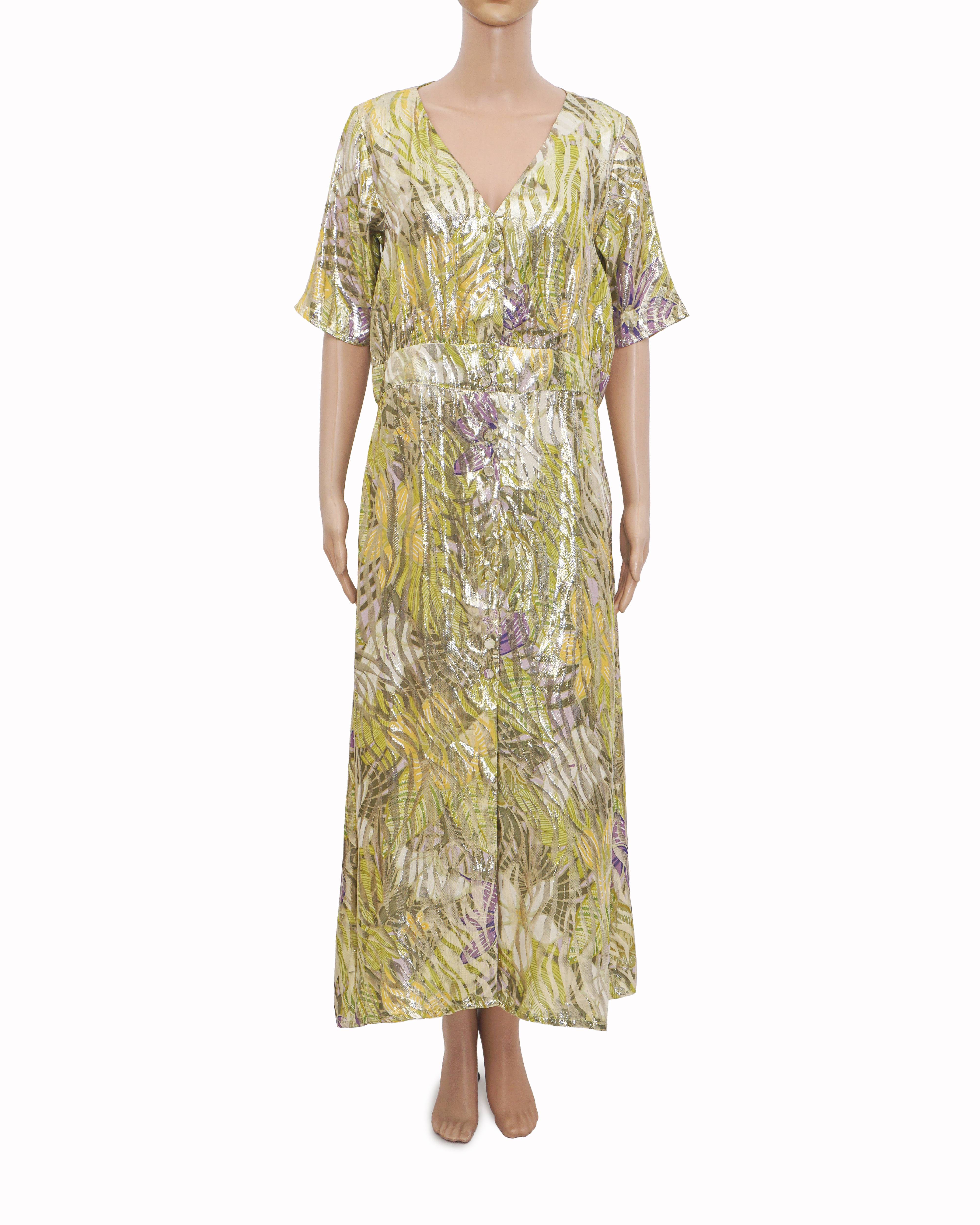 Hayley Menzies Lime Green Silk Metallic Print Midi Dress