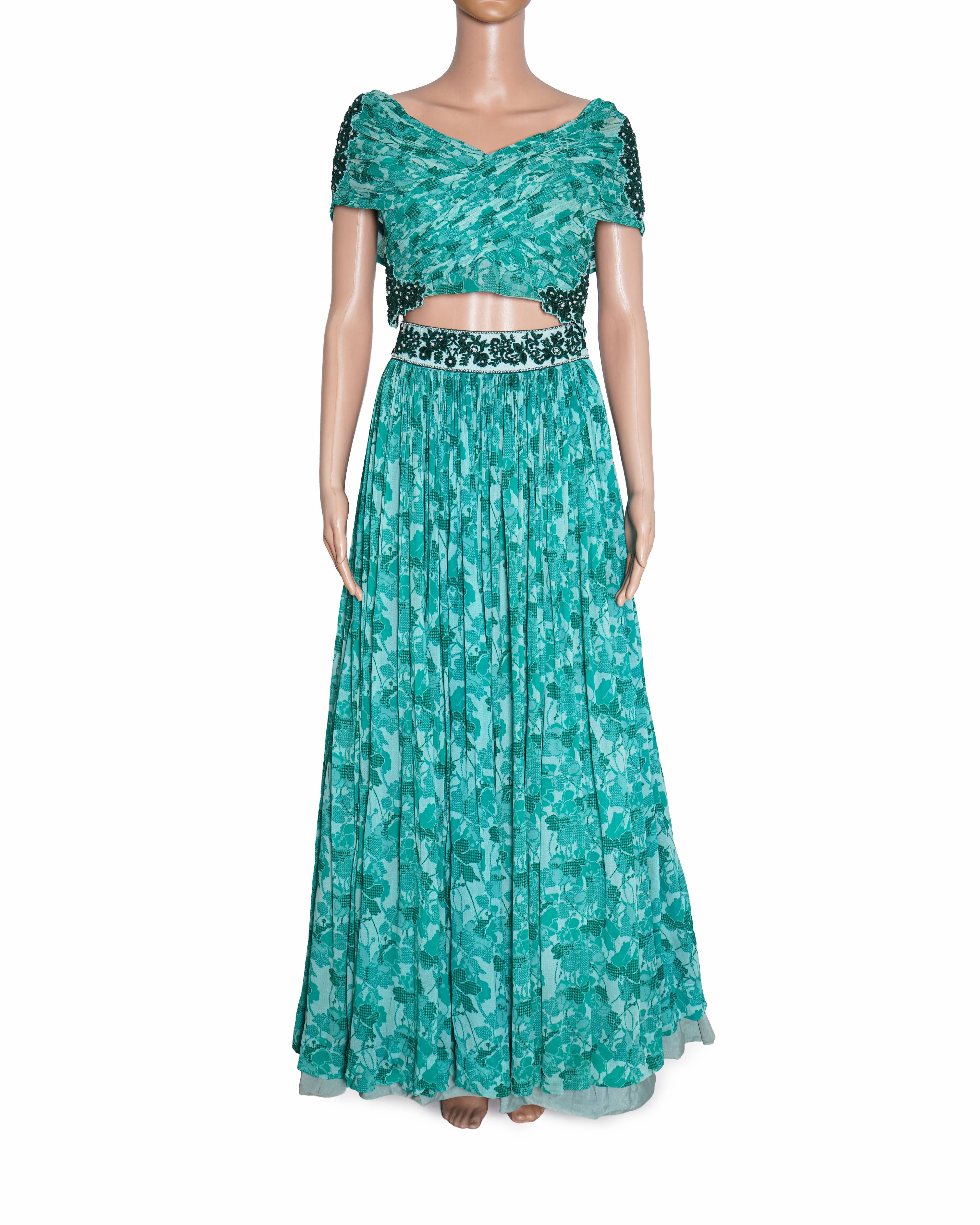 Adi By Aditya Khandelwal Aqua Green Printed Lehenga Set