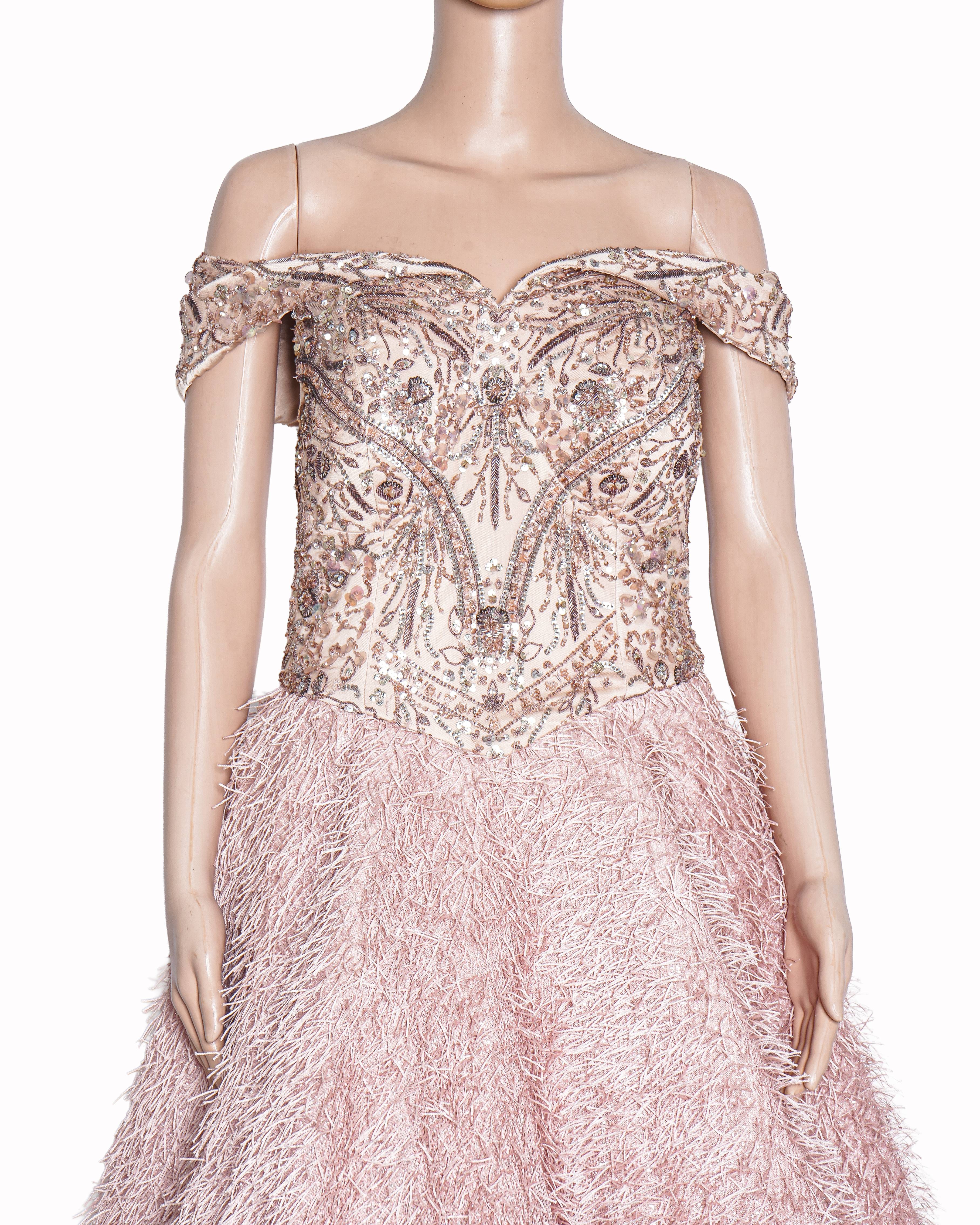Dolly J Pink Textured Fringe Ball Gown