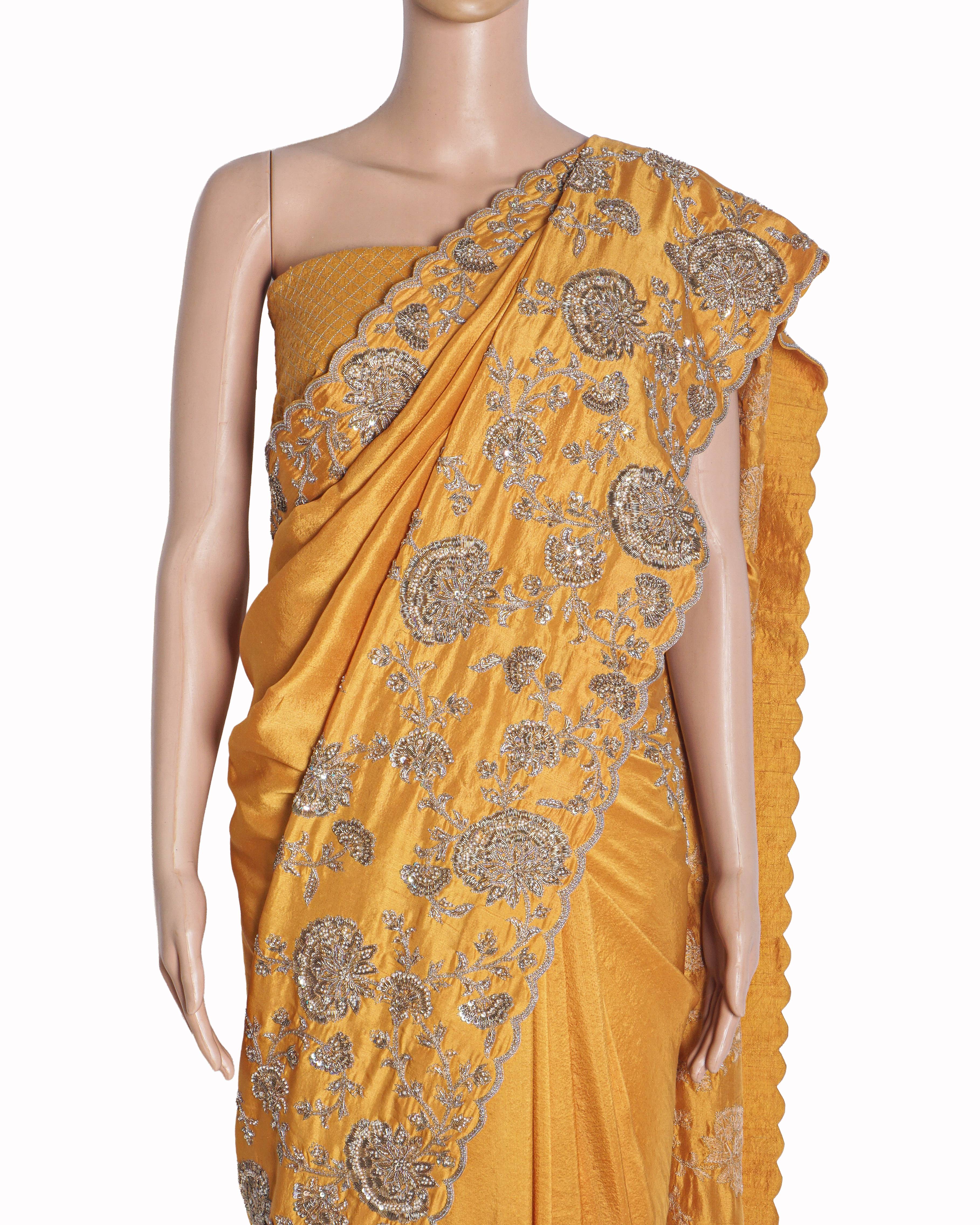 Mrunalini Rao Yellow Floral Embroidered Silk Saree Set