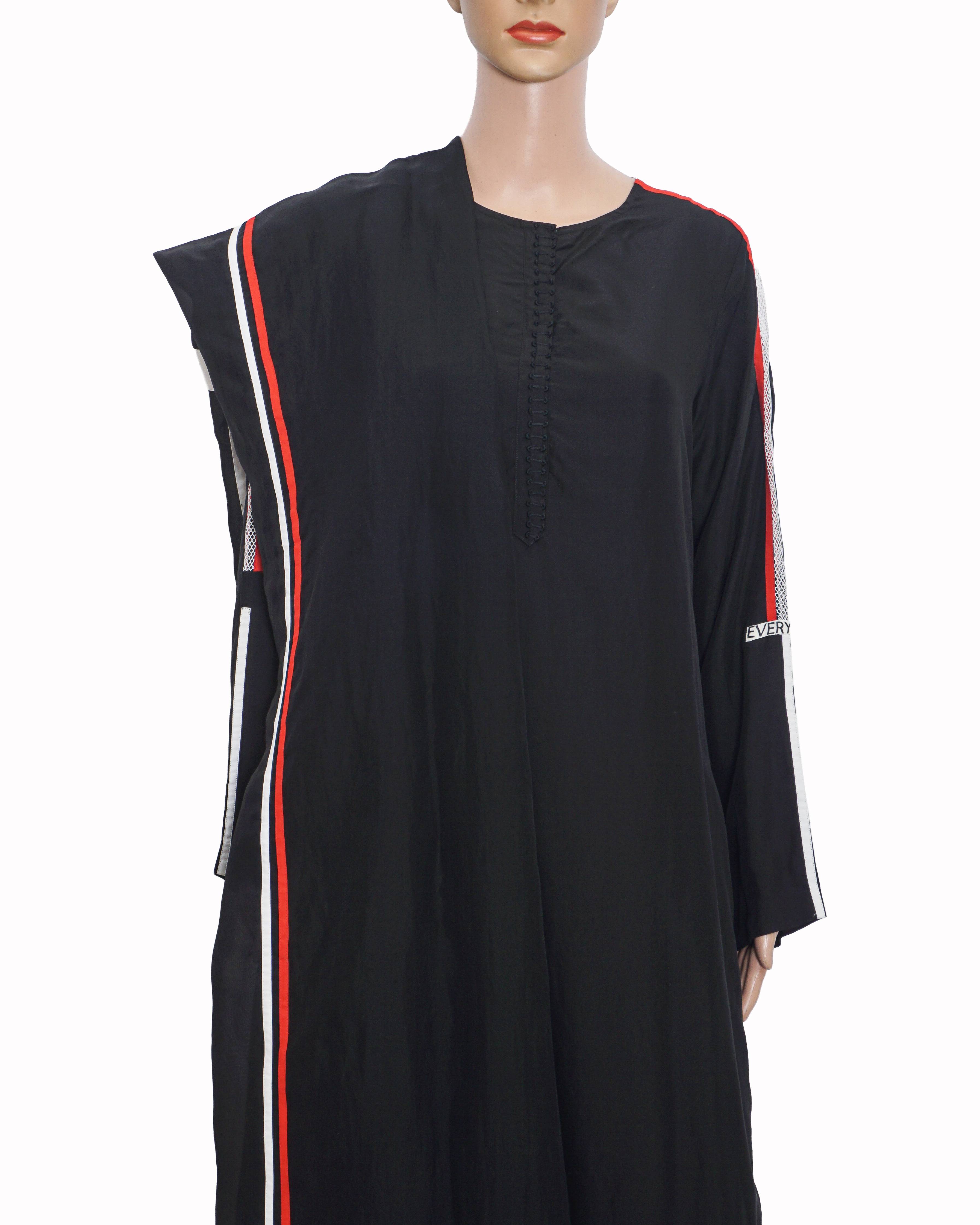 Anamika Khanna Black Tunic Set with Red & White Striped Trim