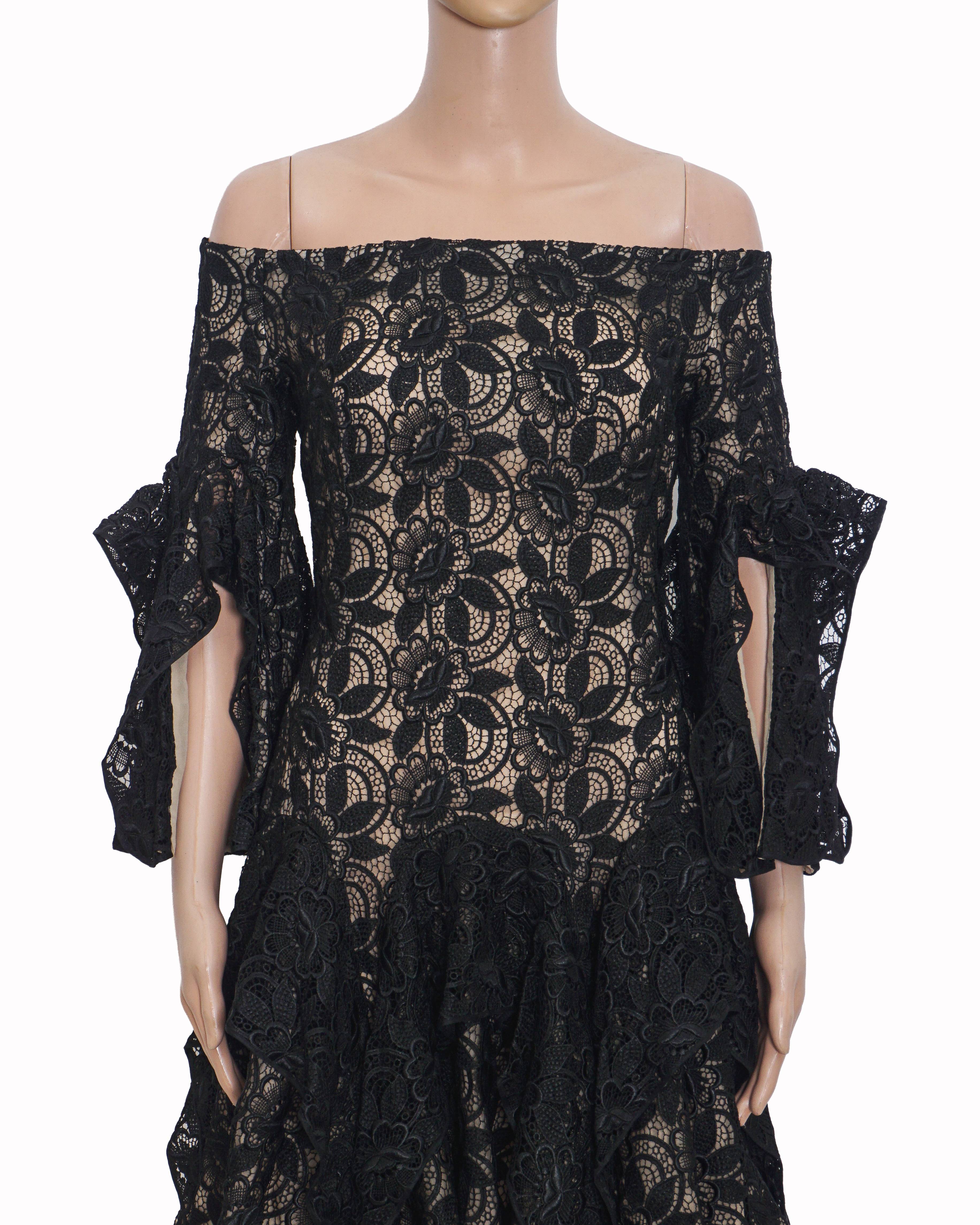 Alexander McQueen Black Lace Off-The-Shoulder Ruffled Mini Dress