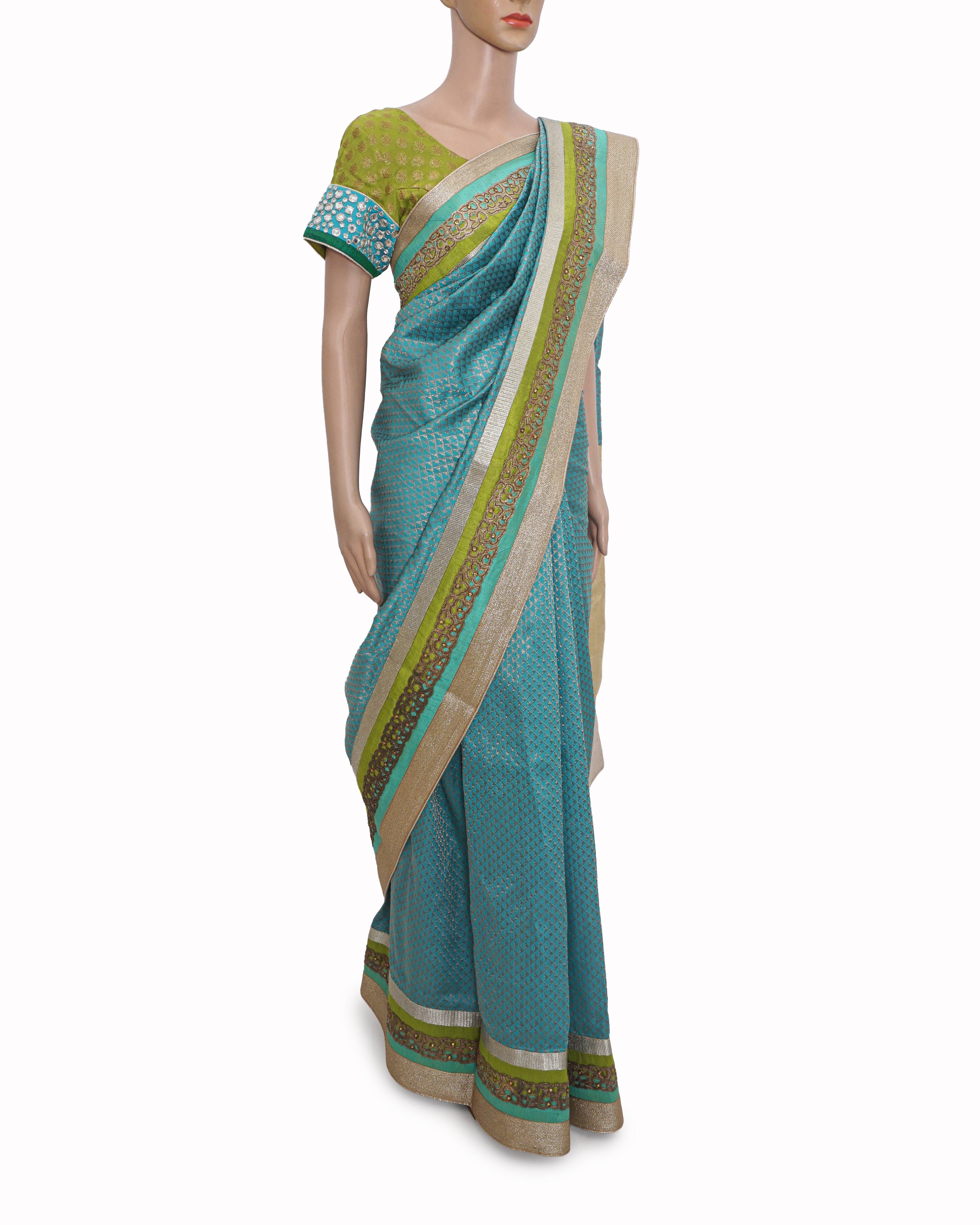 Jesal Vora Lime Green & Teal Banarasi Silk Saree