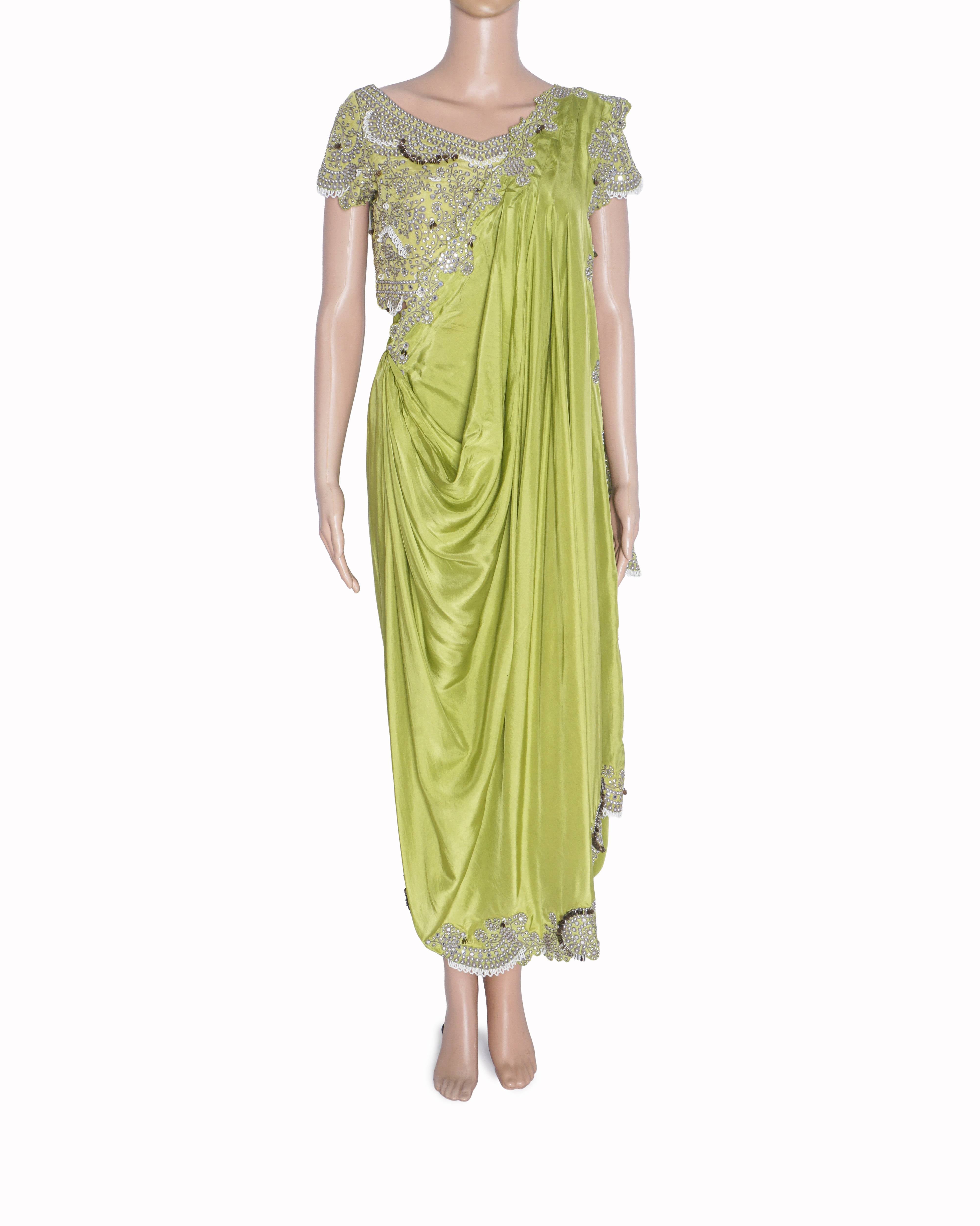 Nupur Kanoi Pista Habutai Silk & Crepe Hand Embroidered Pre-Draped Dhoti Saree Set