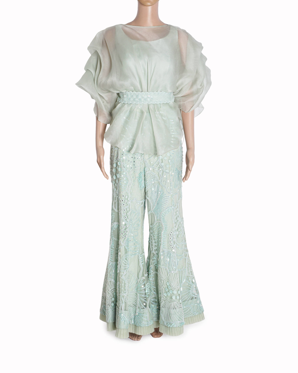 Mishru Mint Green Organza Tunic & Embroidered Flared Pant Set