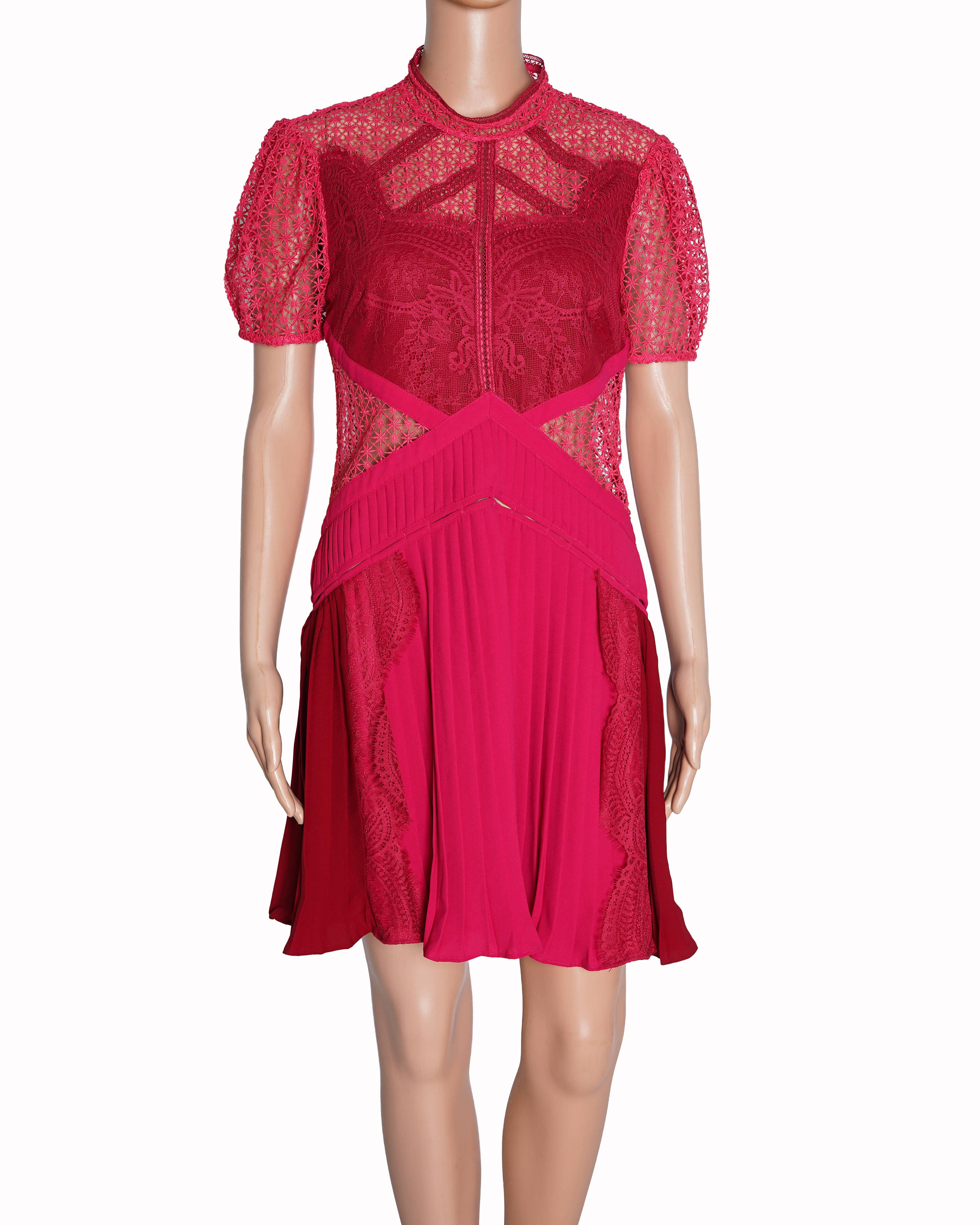 Self Portrait Lace Dress In Red & Fuschia Pink