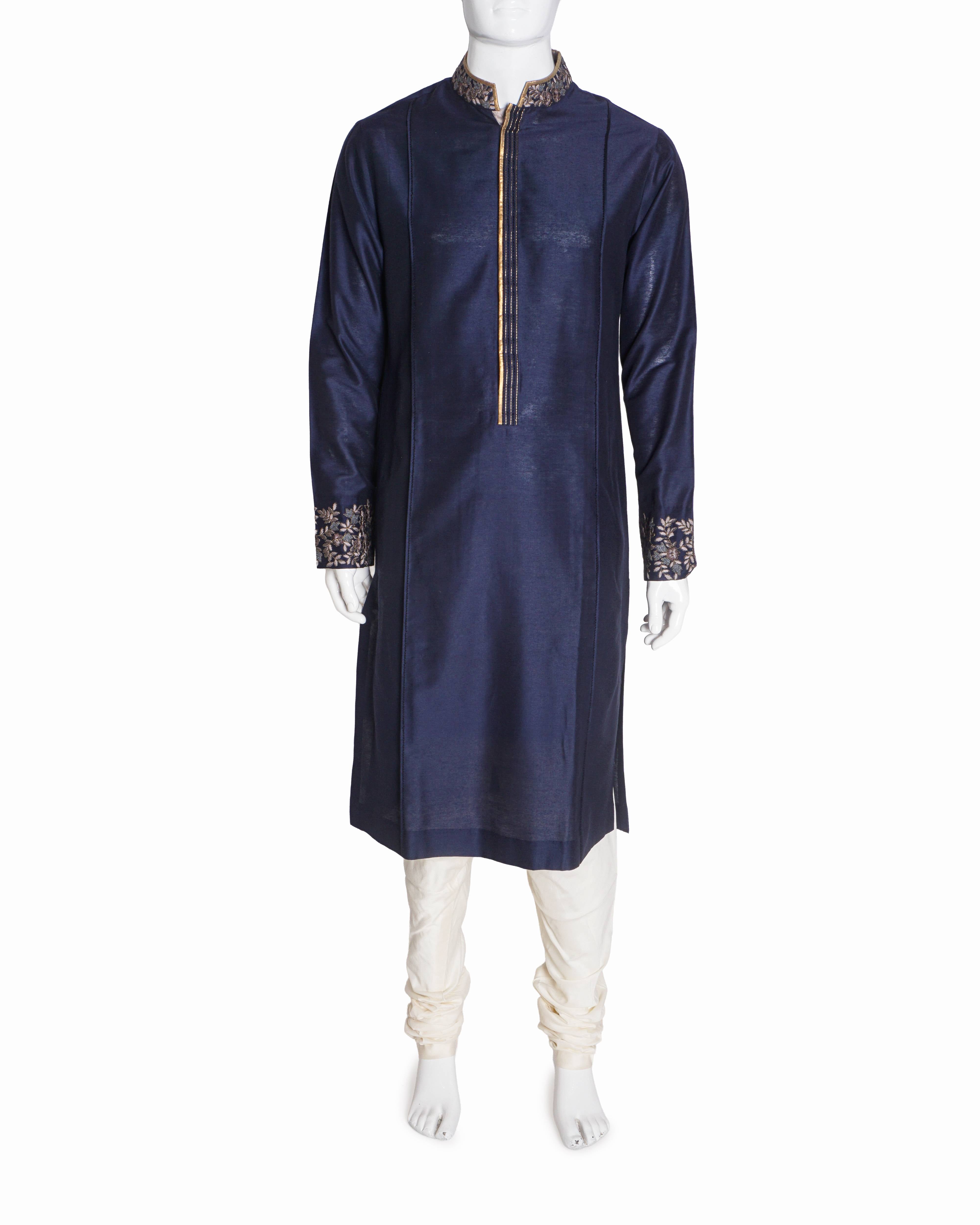 Manish Malhotra Navy Blue Embroidered Silk Men's Kurta Set
