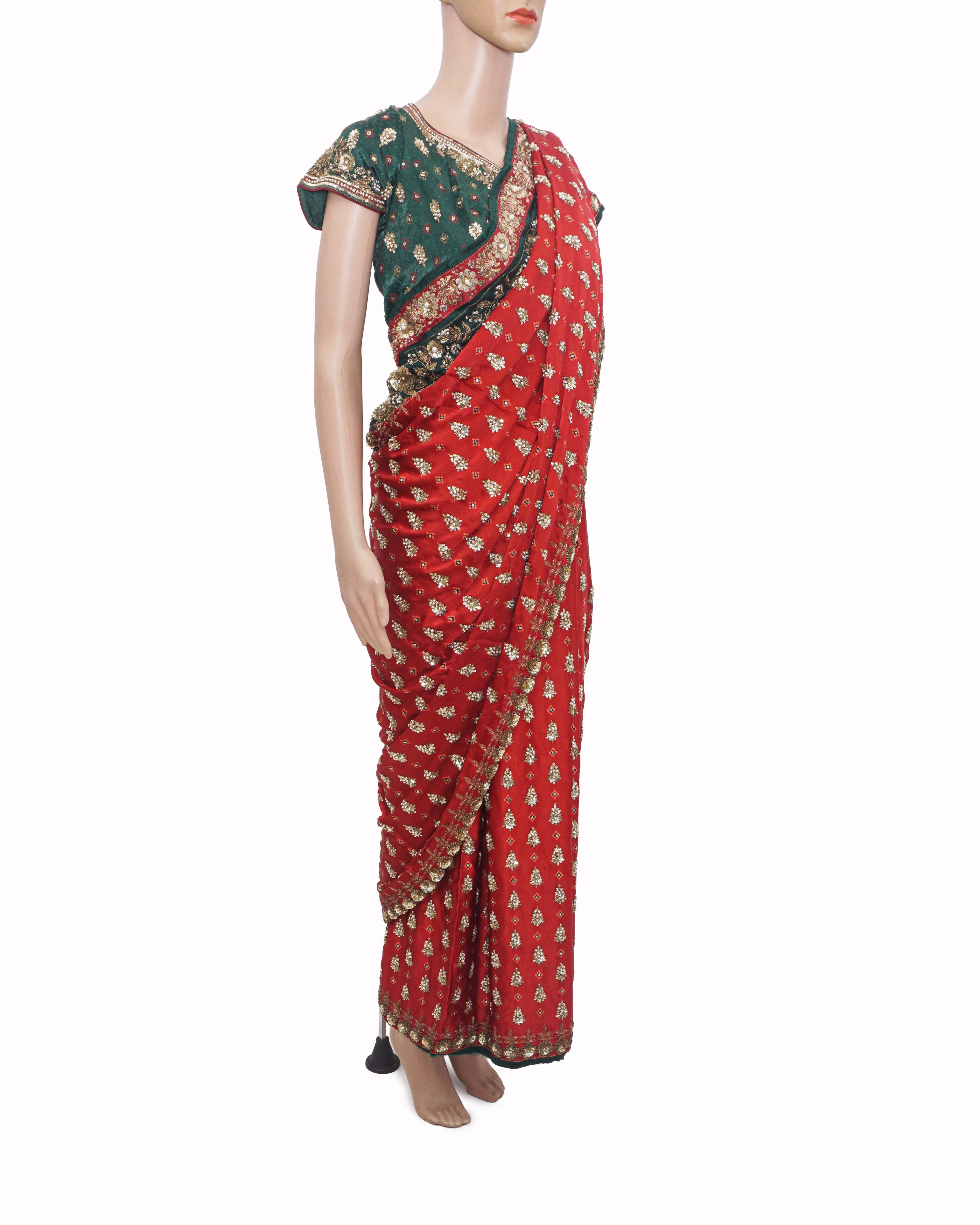 Ritu Kumar Red Embroidered Silk Saree with Green Blouse