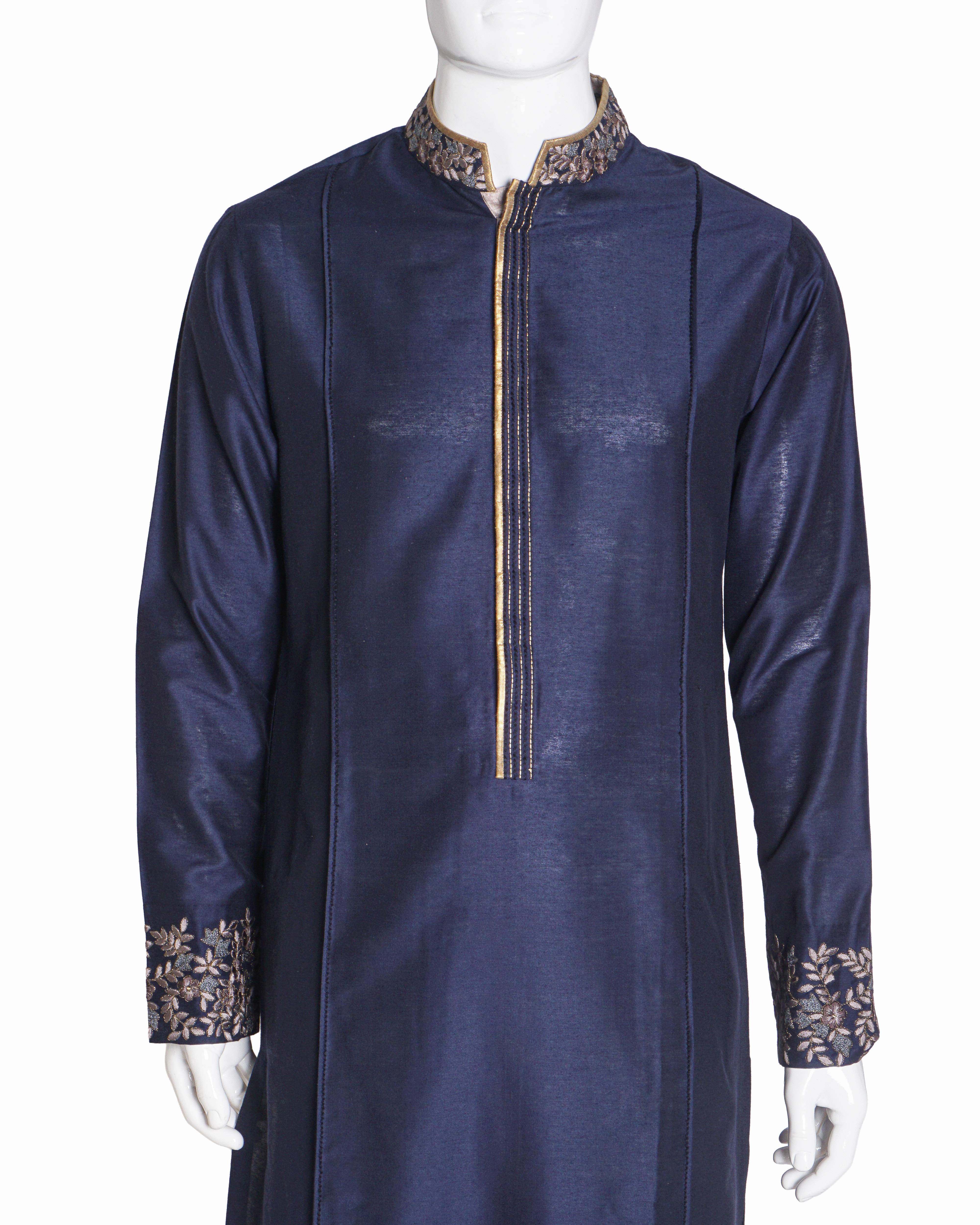 Manish Malhotra Navy Blue Embroidered Silk Men's Kurta Set