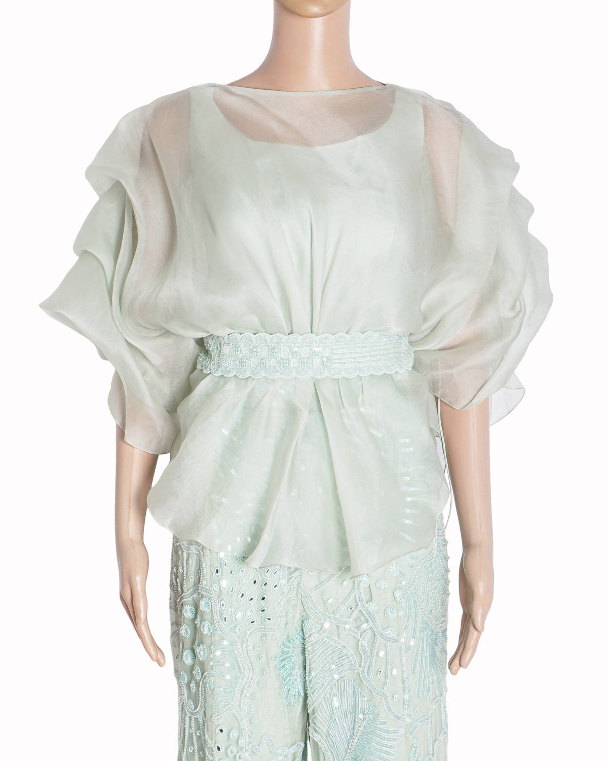 Mishru Mint Green Organza Tunic & Embroidered Flared Pant Set