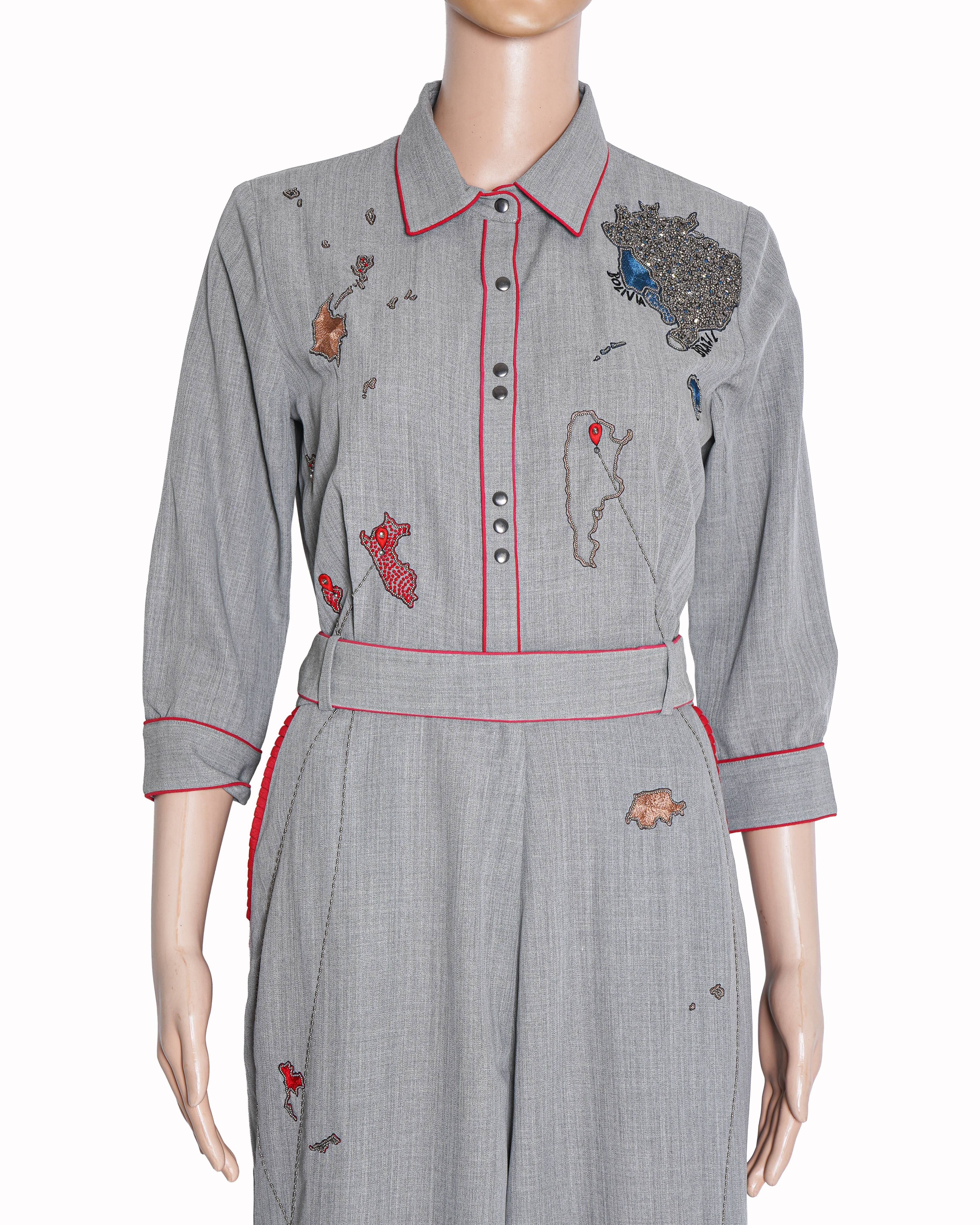 Shahin Mannan Grey Double Crepe Spread Collar Embroidered Jumpsuit