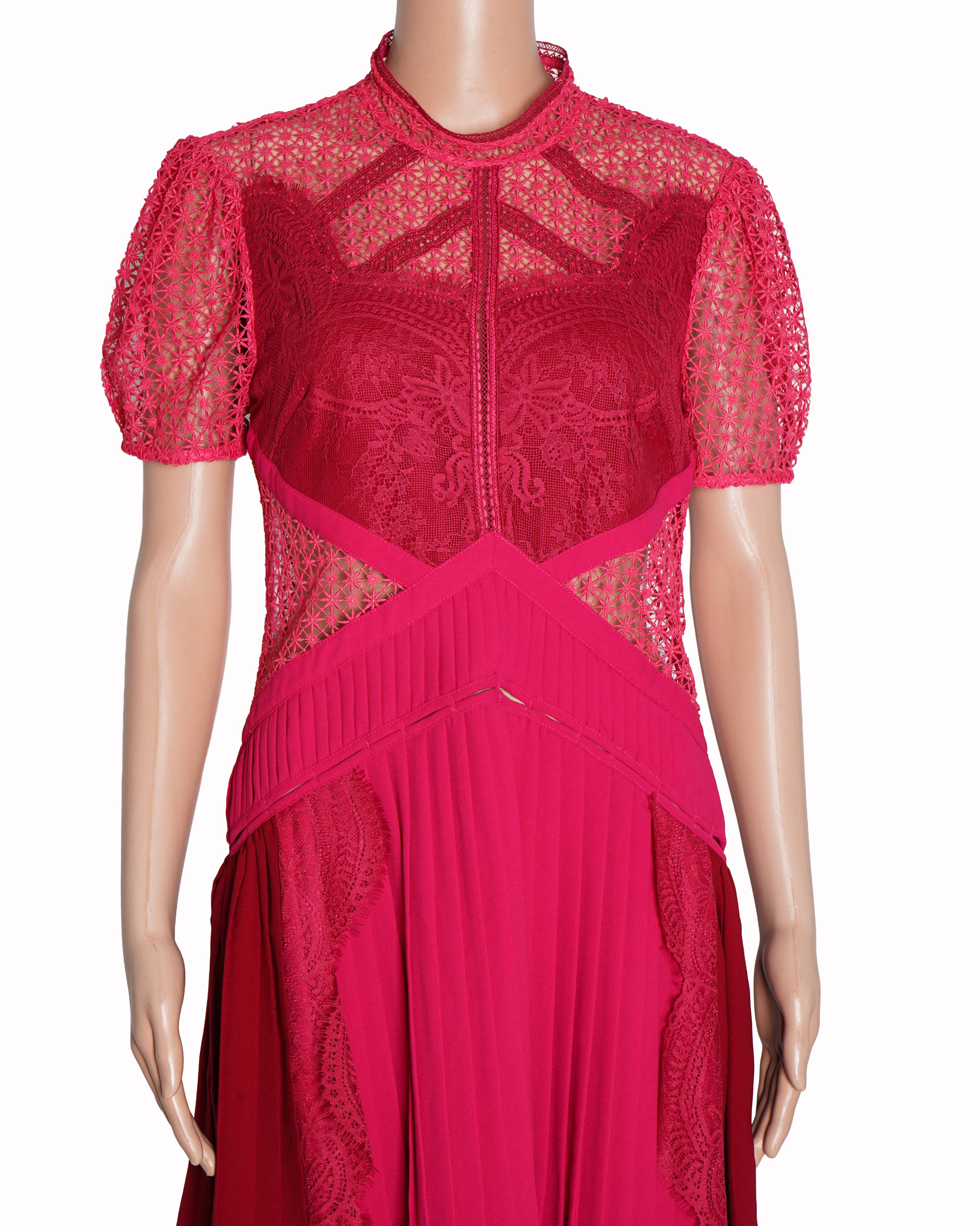 Self Portrait Lace Dress In Red & Fuschia Pink