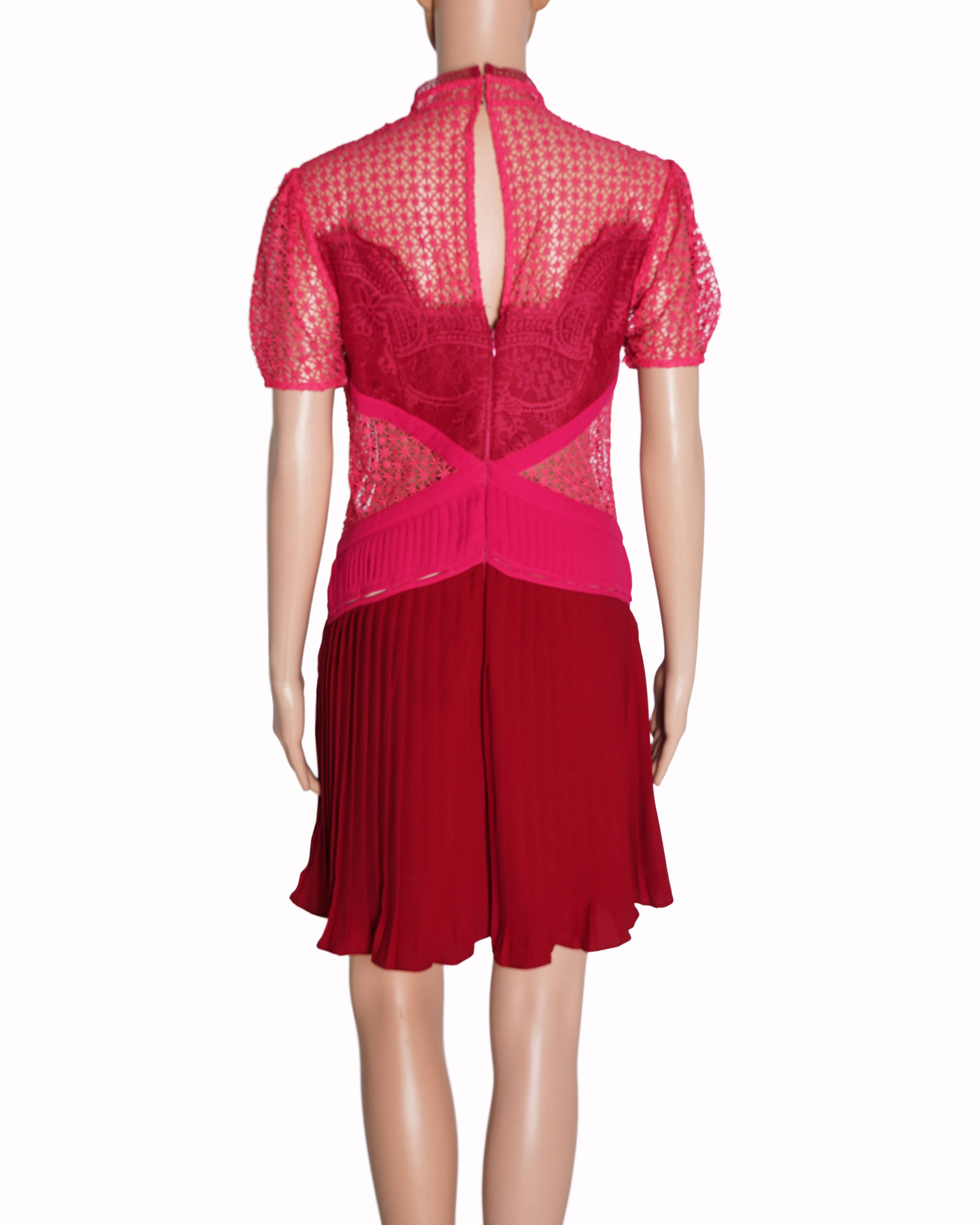 Self Portrait Lace Dress In Red & Fuschia Pink