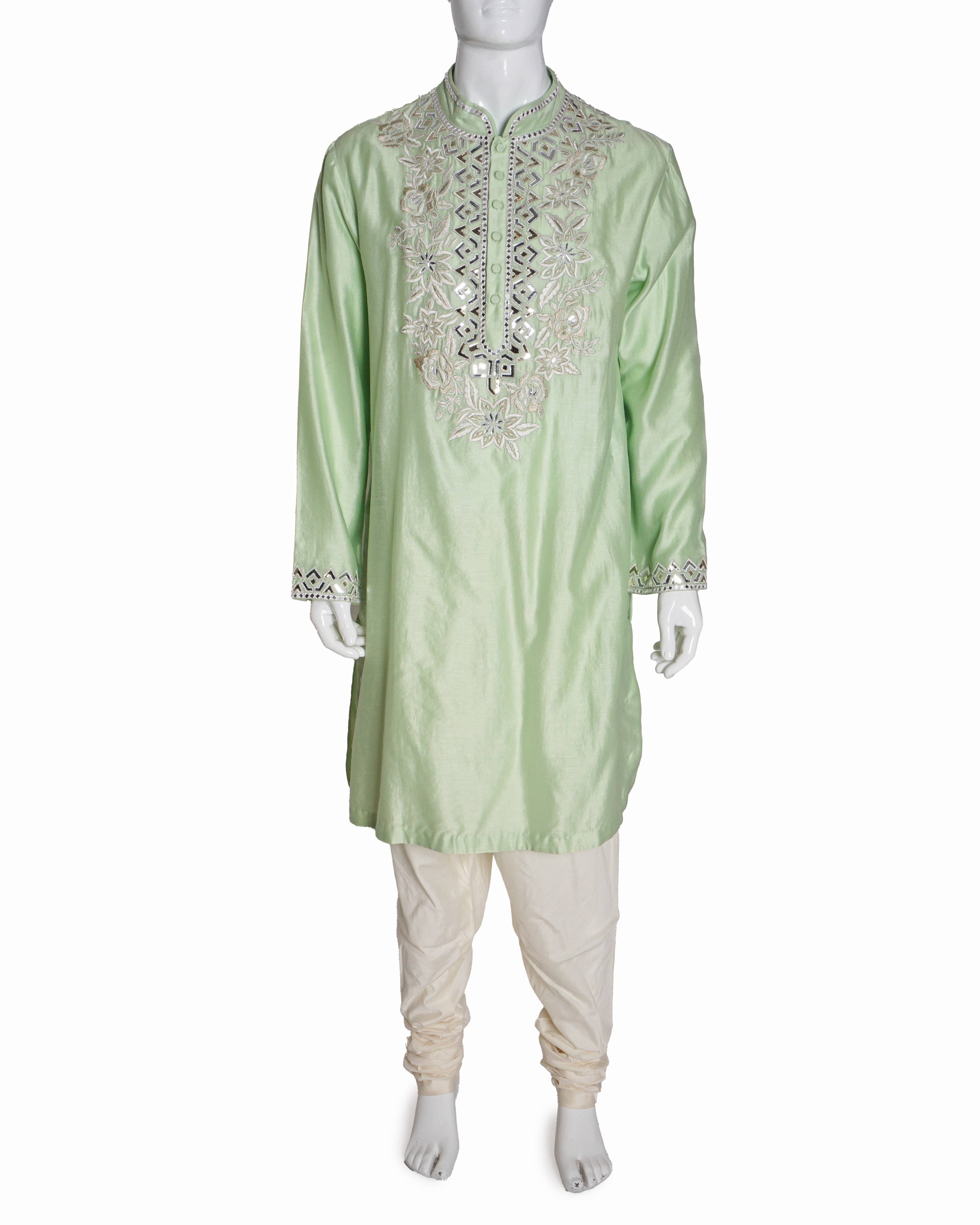 MARD by Abu Sandeep Pista Green Mirror Work Men's Kurta Set