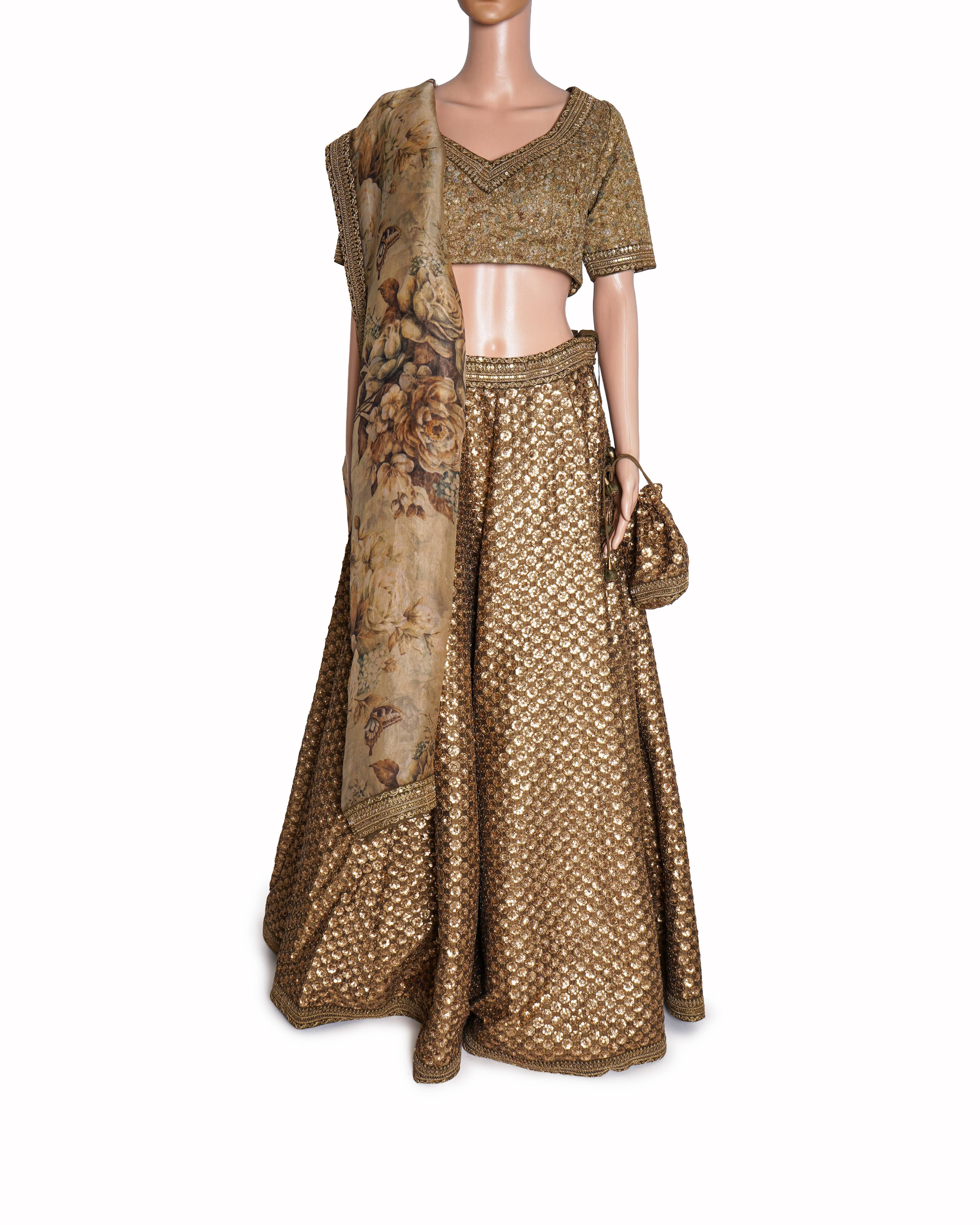 Sabyasachi Lehenga Set With Sequin Work In Gold Tone