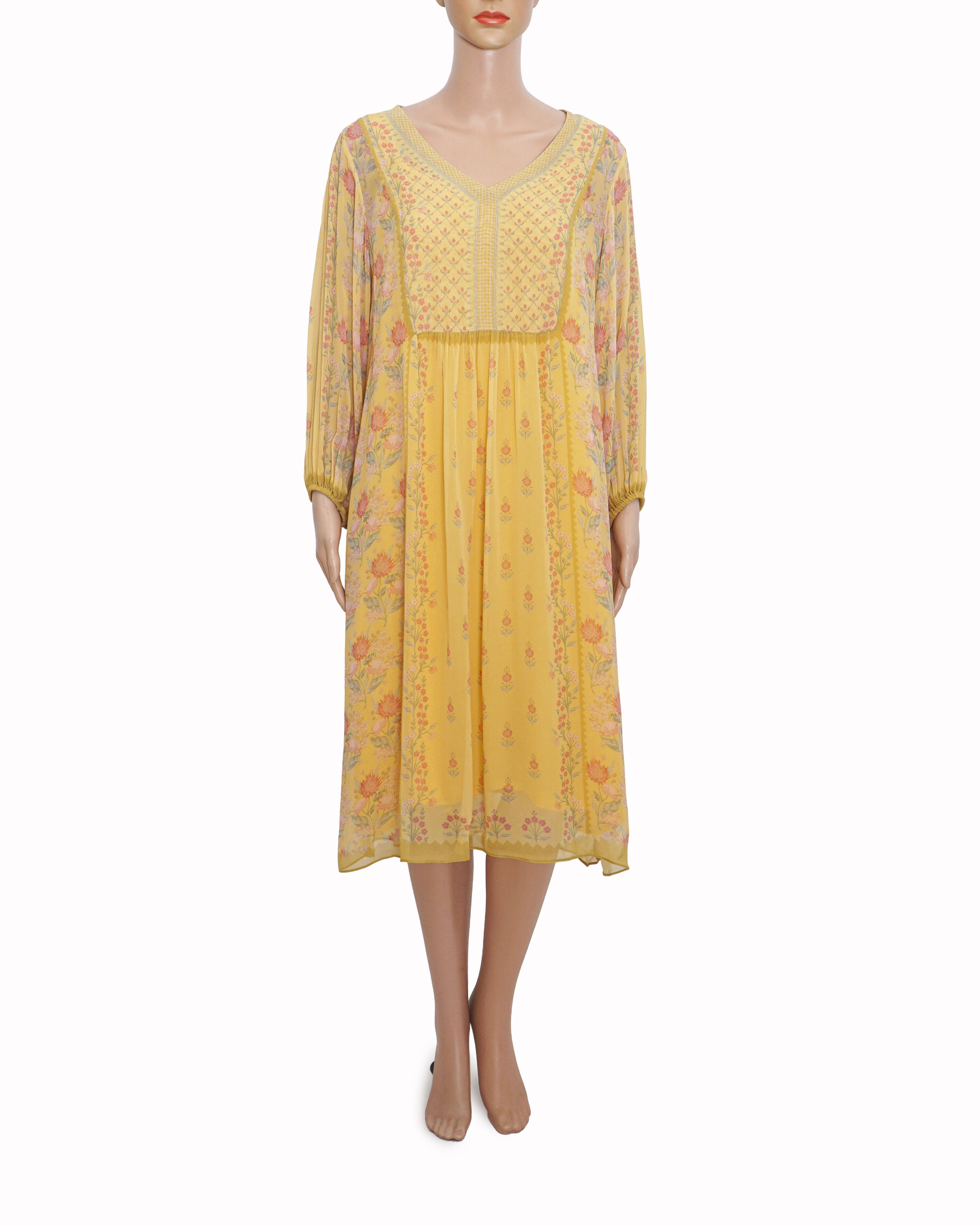 Anita Dongre Yellow Floral Printed V-Neck Tunic Kurta
